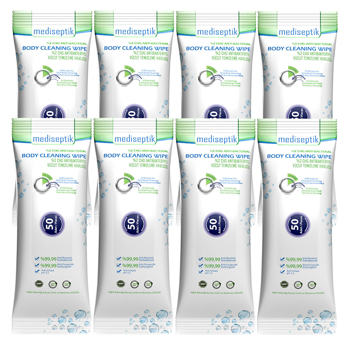 Mediseptik Antibakteriyel Vücut Temizleme Havlusu 50 li  x 8 adet