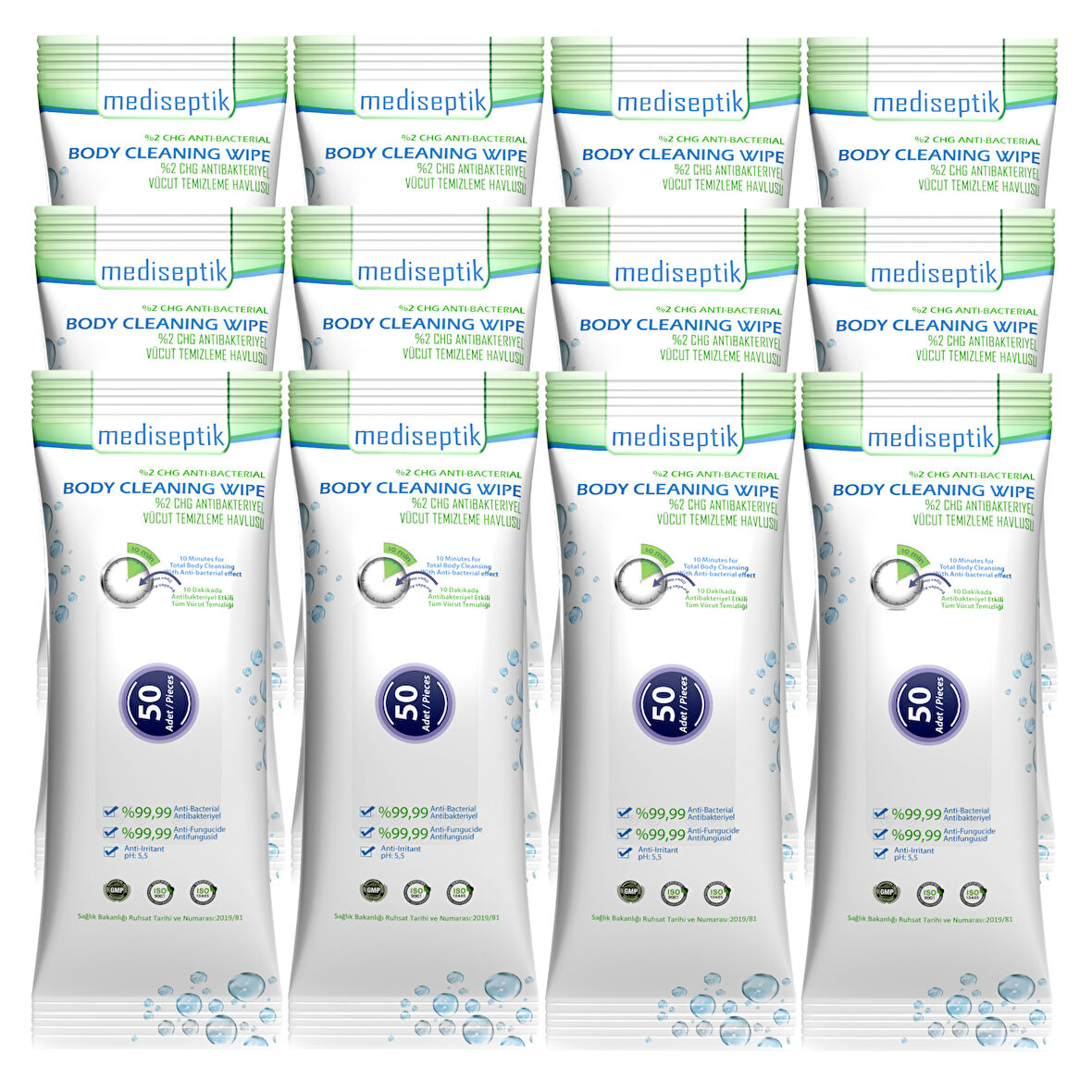 Mediseptik Antibakteriyel Vücut Temizleme Havlusu 50 li  x 12 adet
