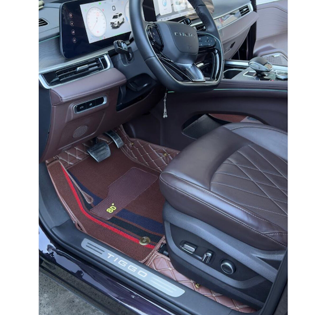 Chery Tiggo 2024 Sonrası 8 Pro Max 7 Kişilik Aracına Özel 8d Çift Katmanlı Havuzlu Paspas Takımı (Koyu Kahverengi - Çizgili)