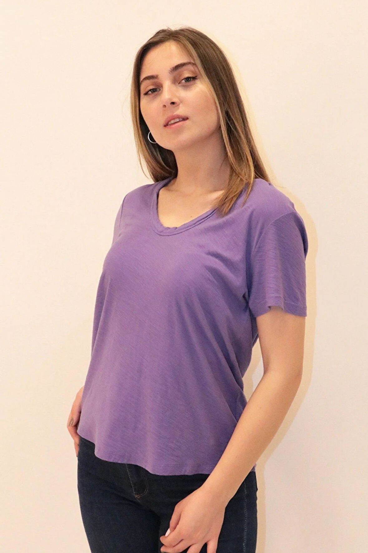 Rich Kadın Organik V Yaka T-shirt %100 Pamuk Tişört