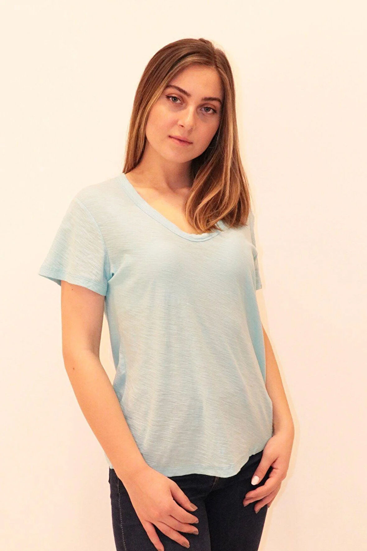 Rich Kadın Organik V Yaka T-shirt %100 Pamuk Tişört