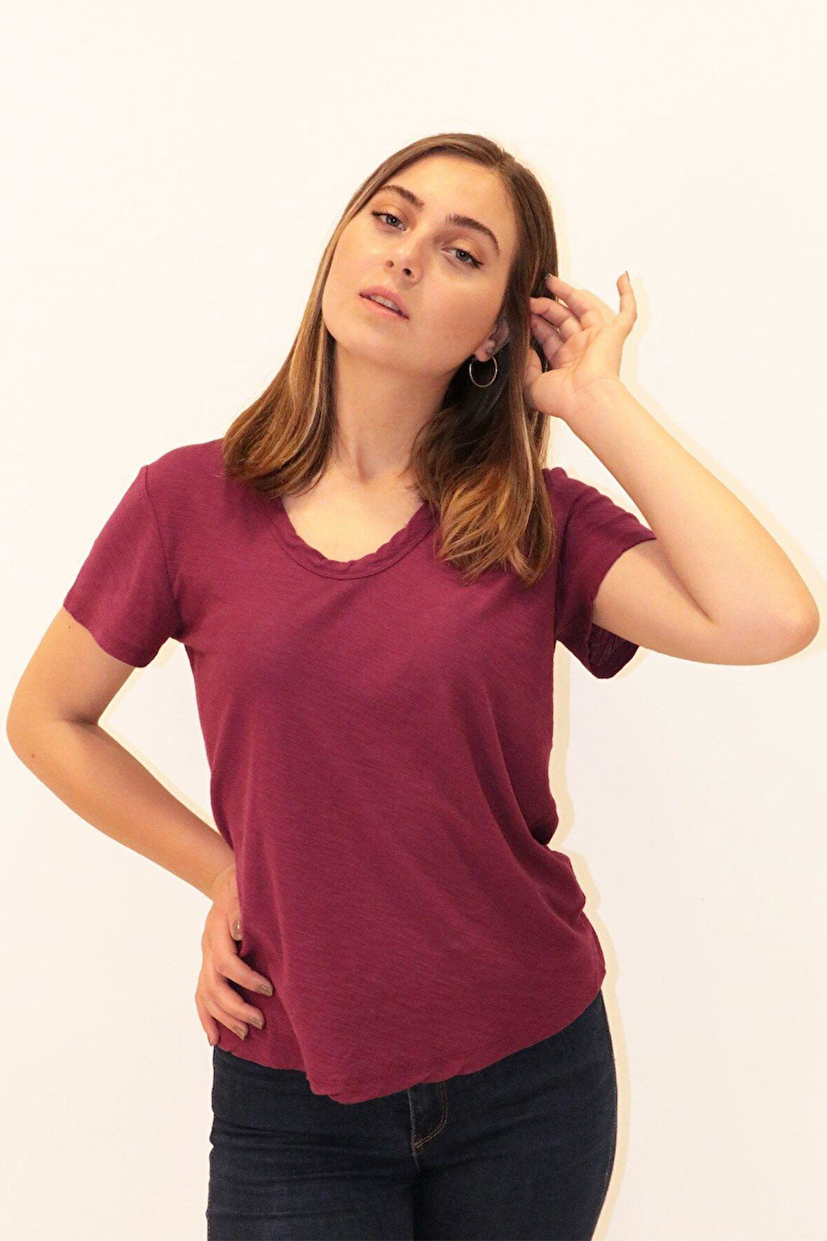 Rich Kadın Organik V Yaka T-shirt %100 Pamuk Tişört