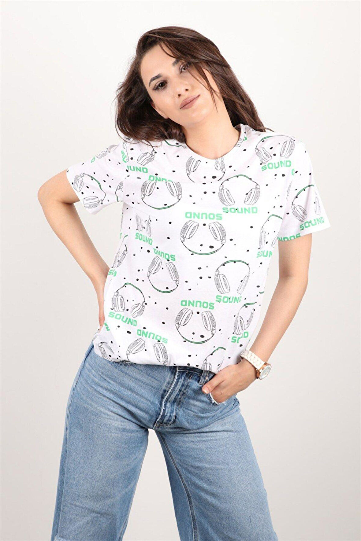 Kadın Baskılı Bisiklet Yaka Oversize T-shirt