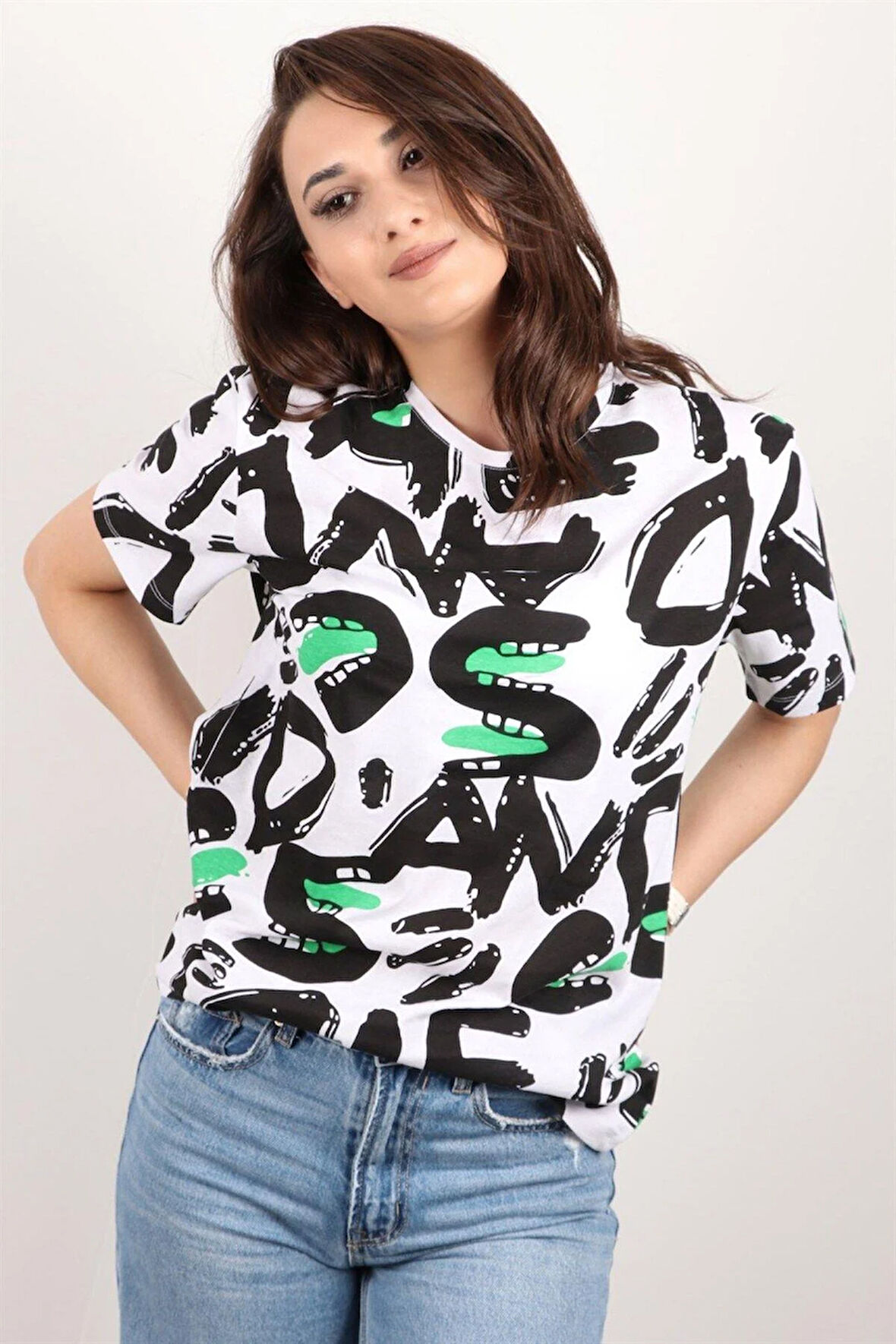 Kadın Baskılı Bisiklet Yaka Oversize T-shirt