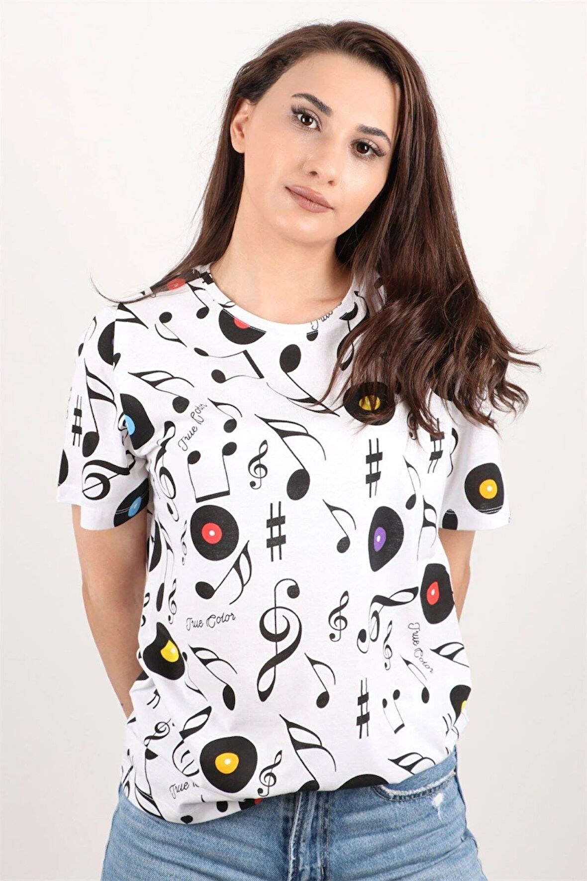 Kadın Baskılı Bisiklet Yaka Oversize T-shirt