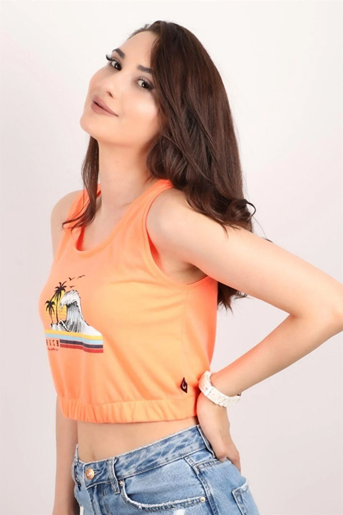 Kadın Baskılı Kolsuz Crop Bluz