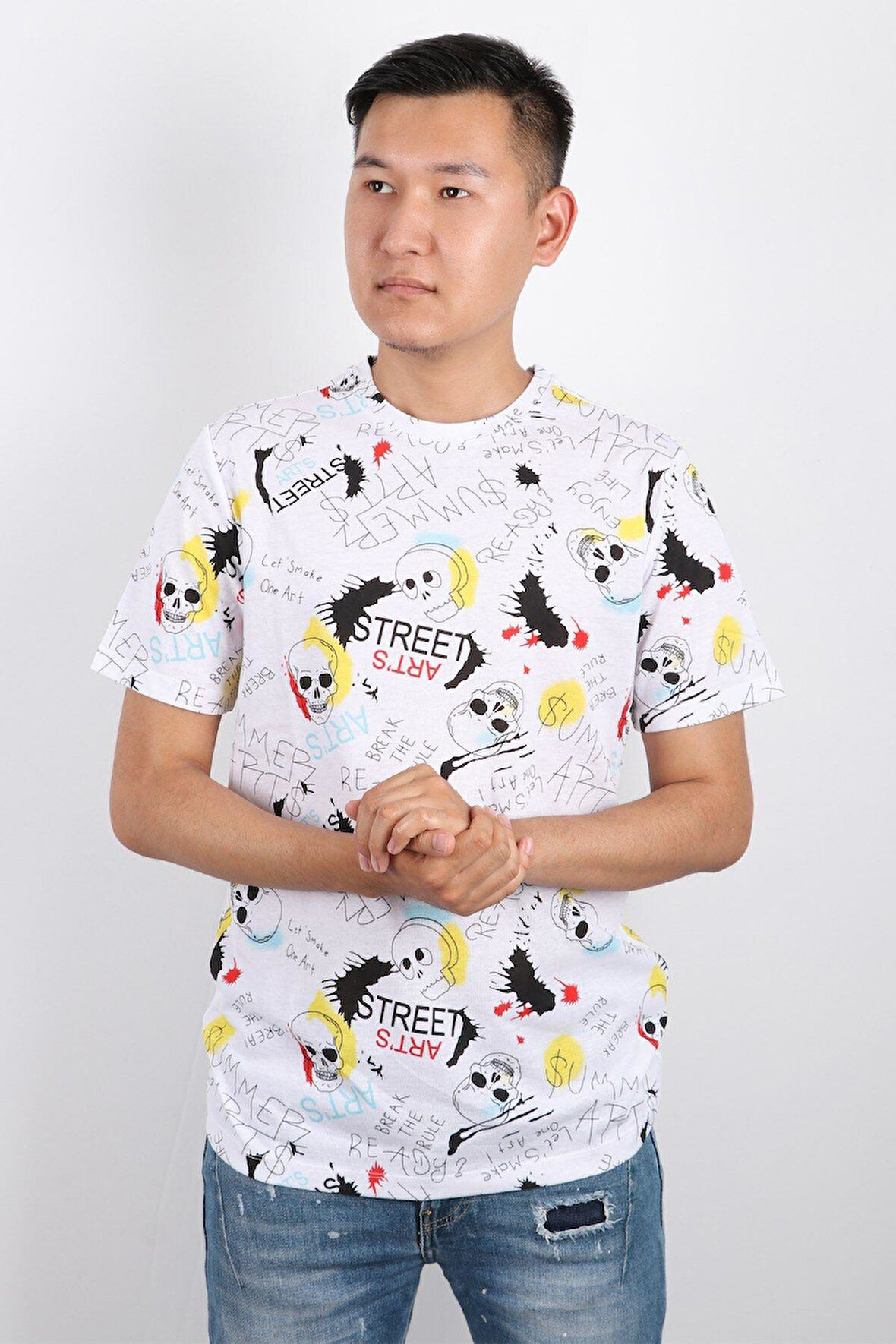 Erkek Bisiklet Yaka Baskılı T-shirt %100 Pamuk Tişört