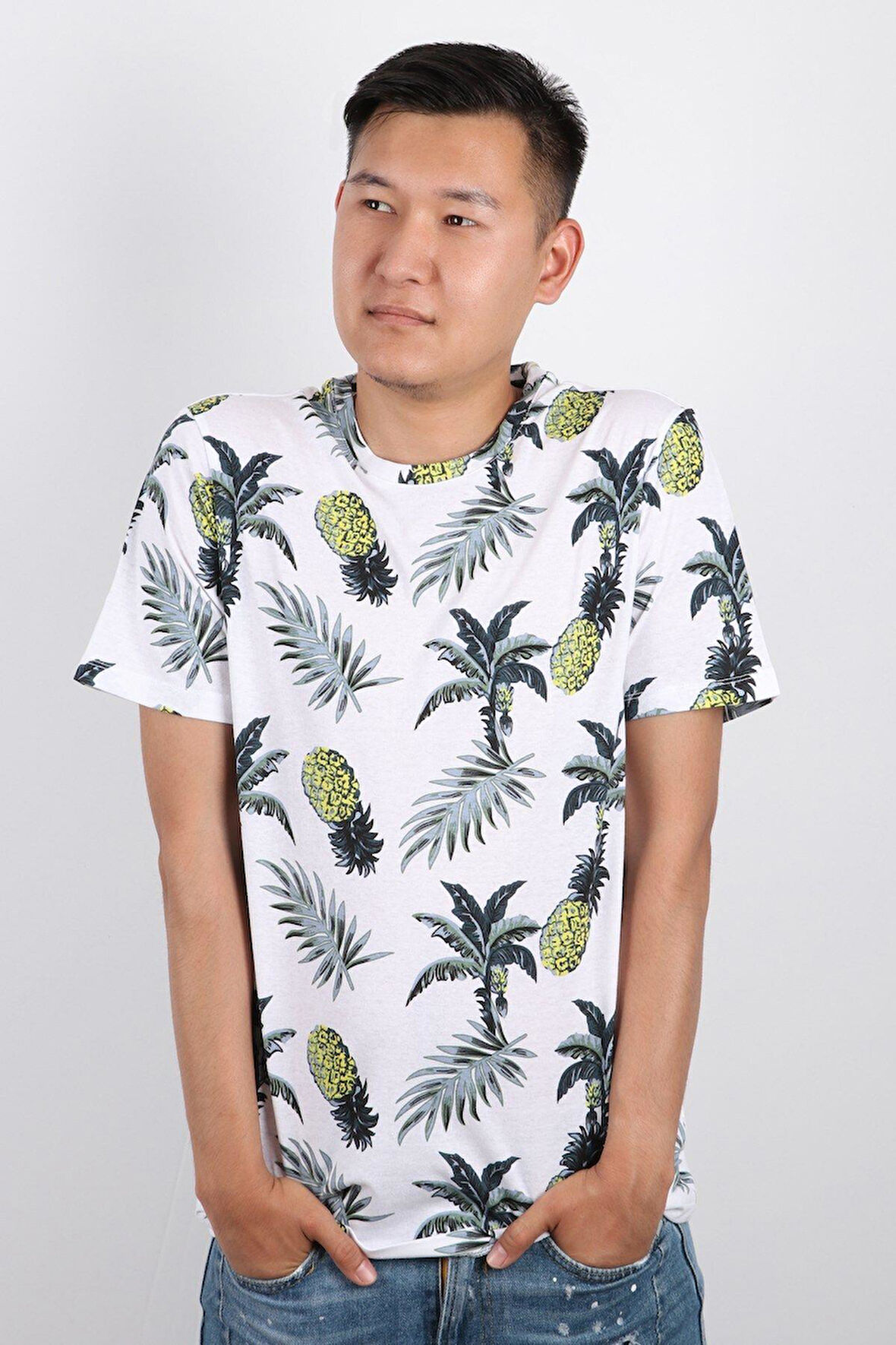 Erkek Bisiklet Yaka Baskılı T-shirt %100 Pamuk Tişört