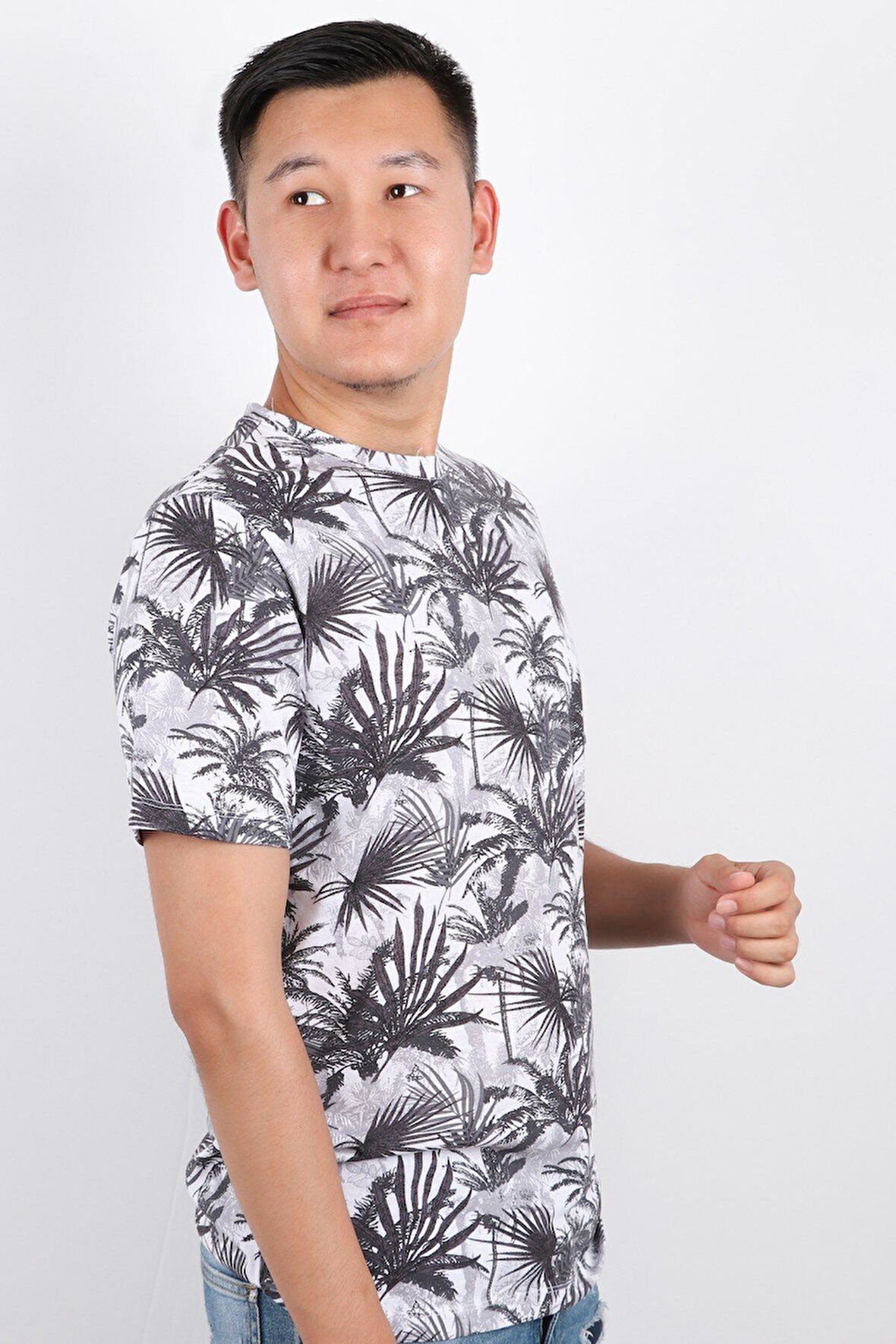 Erkek Bisiklet Yaka Baskılı T-shirt %100 Pamuk Tişört