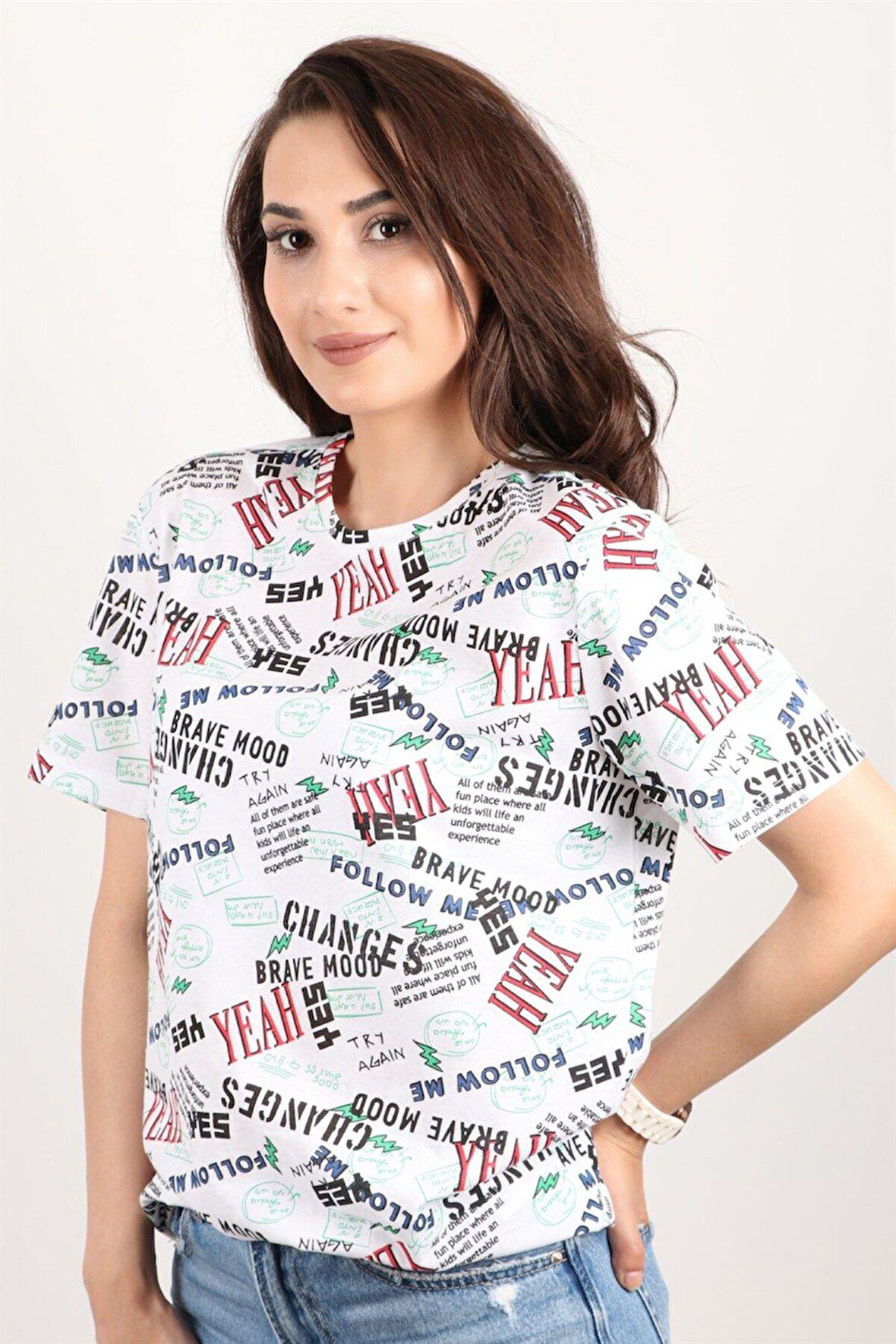 Kadın Baskılı Bisiklet Yaka Oversize T-shirt