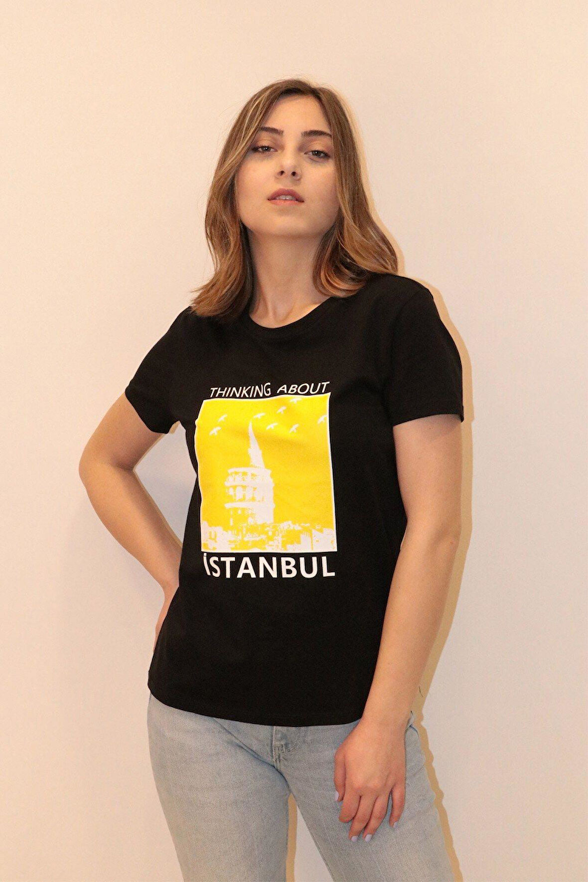 Kadın Bisiklet Yaka T-shirt %100 Pamuk Tişört