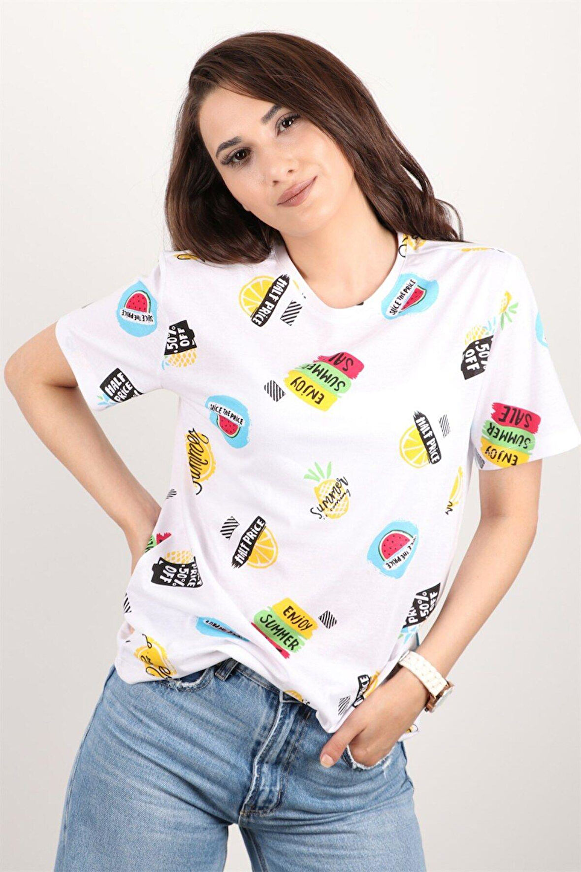 Kadın Baskılı Bisiklet Yaka Oversize T-shirt