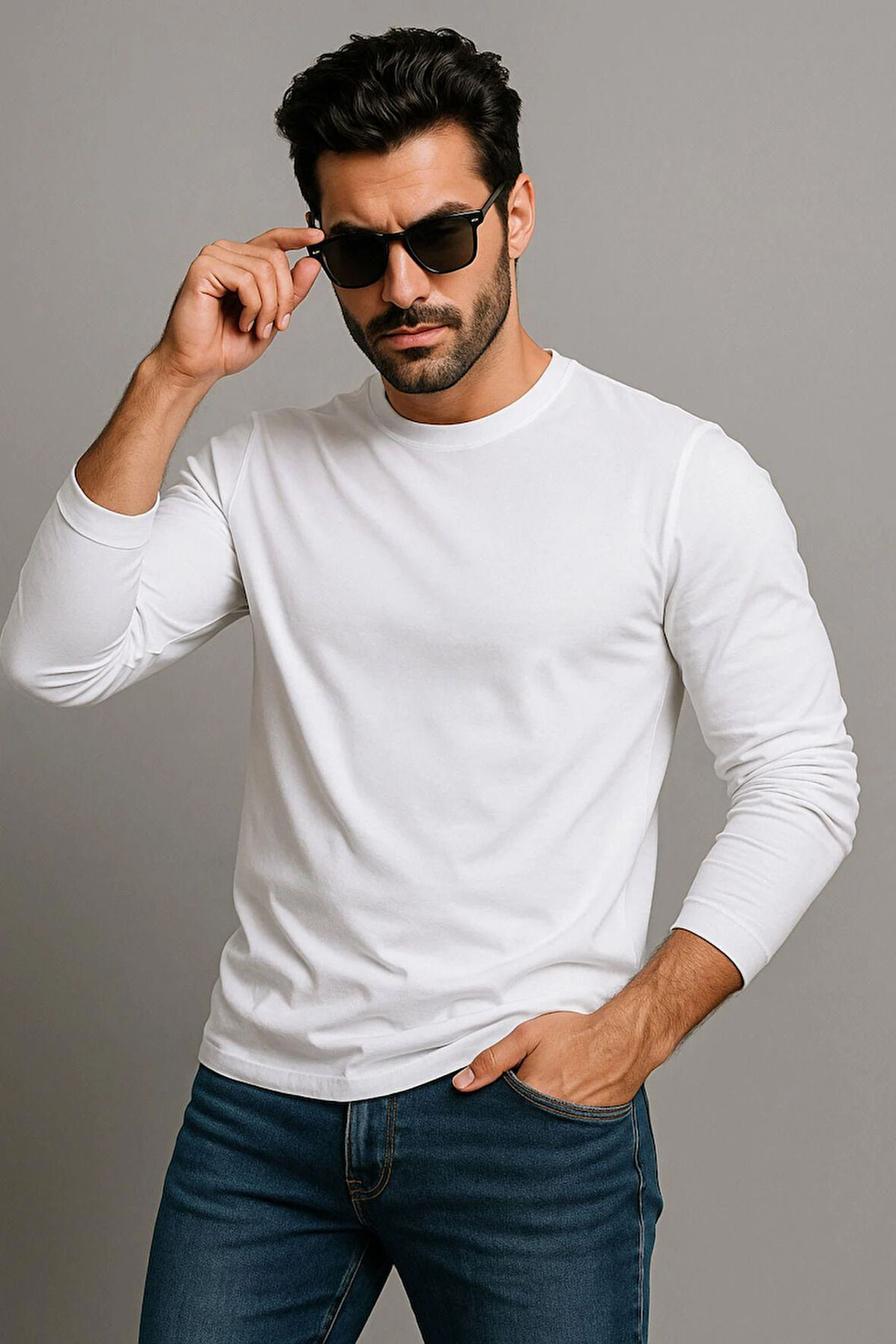 Erkek Bisiklet Yaka Beyaz Body %100 Pamuk Uzun Kollu Tişört Erkek Düz T-shirt