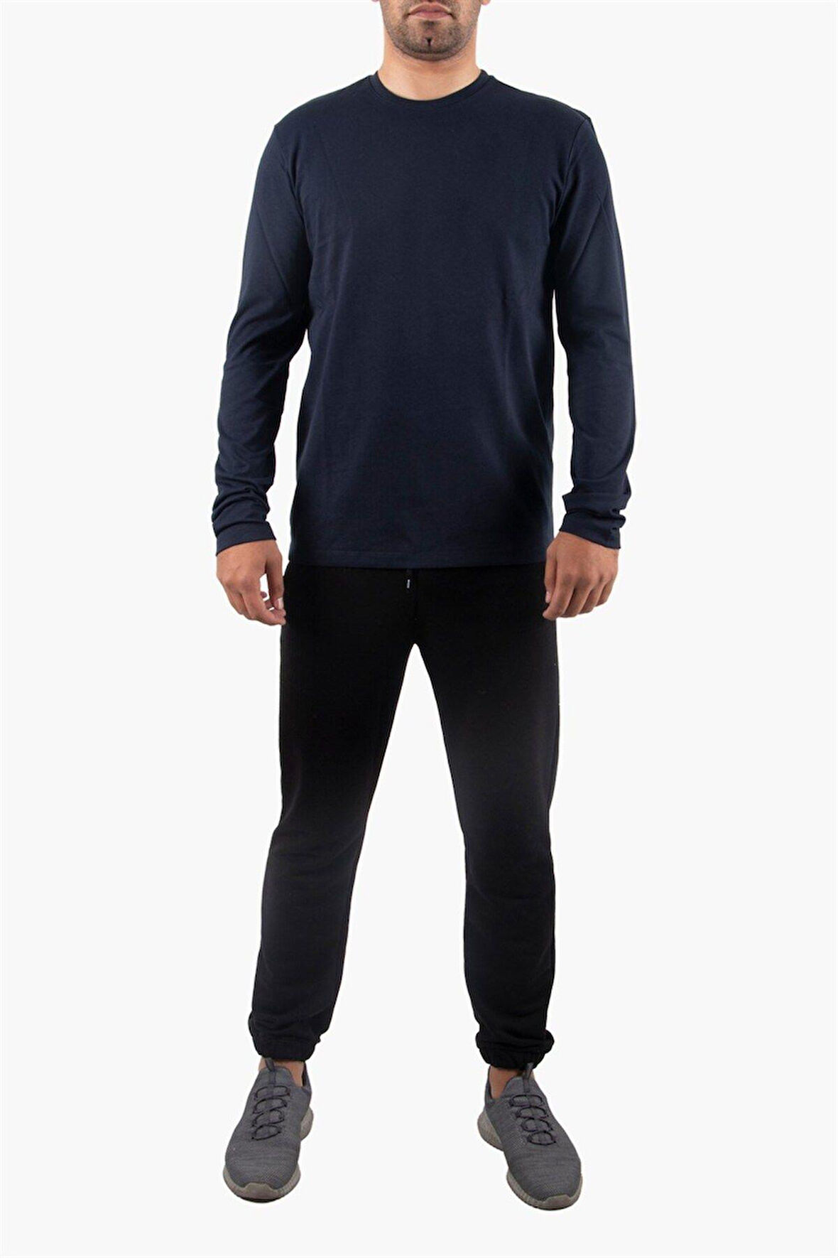 Bisiklet Yaka Lacivert Body %100 Pamuk Uzun Kollu Tişört