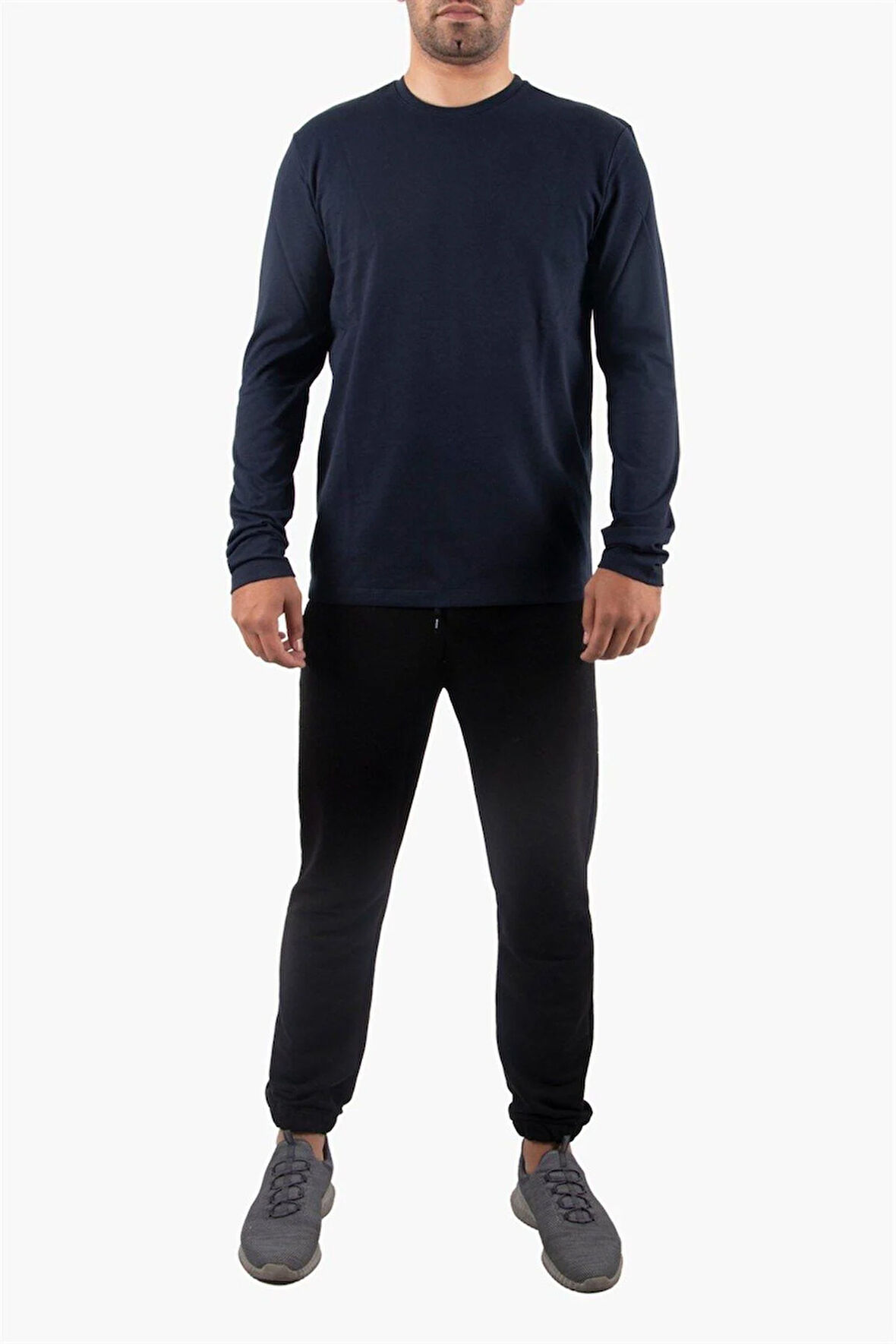 Bisiklet Yaka Lacivert Body %100 Pamuk Uzun Kollu Tişört