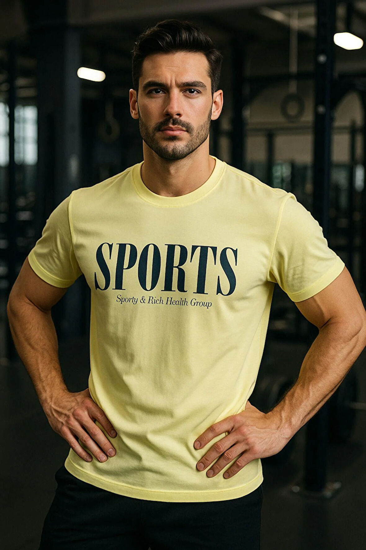 Erkek Sarı Basic T-shirt Baskılı Slim Fit %100 Pamuk Tişört