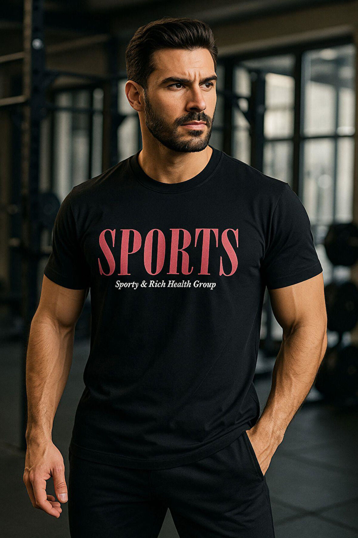 Erkek Siyah Basic T-shirt Baskılı Slim Fit %100 Pamuk Tişört