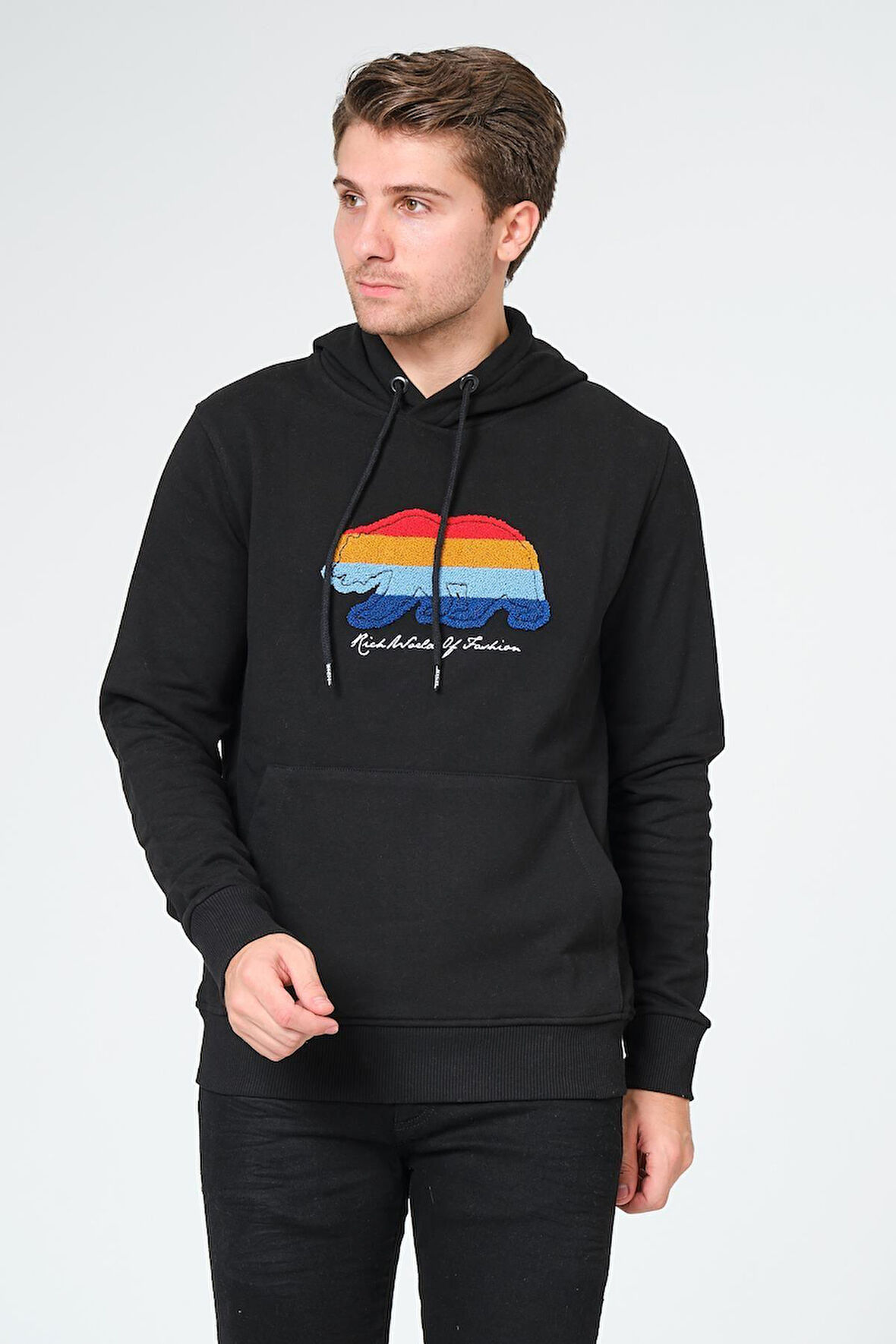 Süzene Nakış Ayı Baskılı Kapüşonlu Lacivert Sweatshirt Polarlı