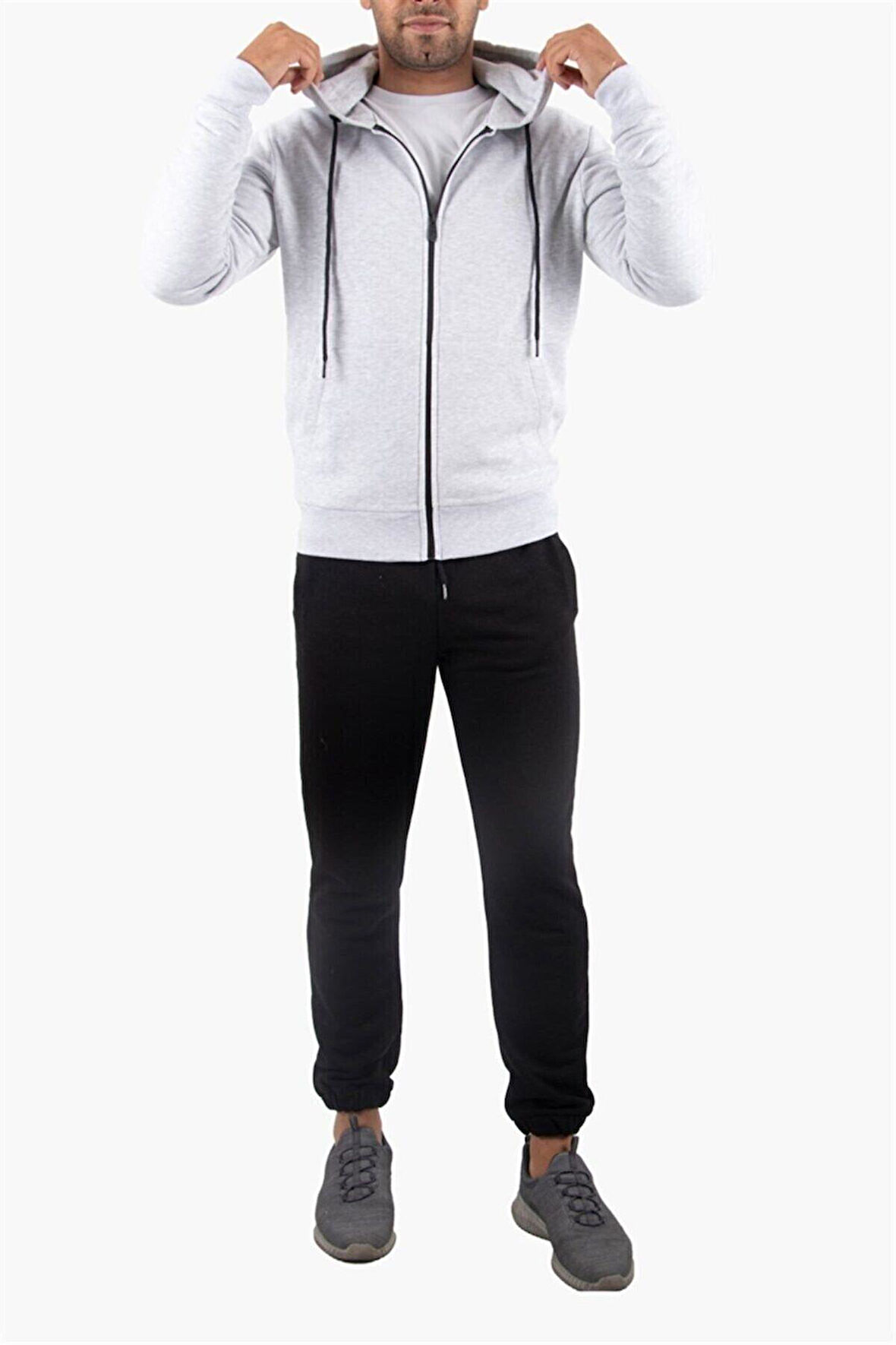 Şardonlu Fermuarlı Kapüşonlu Gri Sweatshirt Polar Hırka