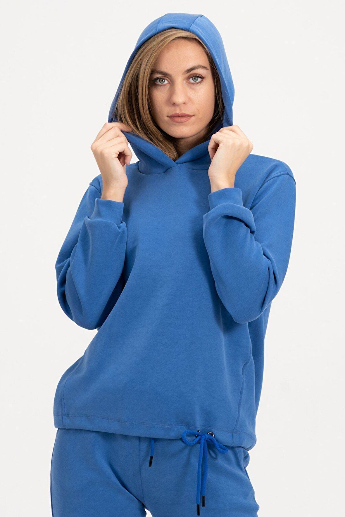 Kadın Kapüşonlu Mavi Sweatshirt Ve Eşofman Takımı Scuba Kumaşı