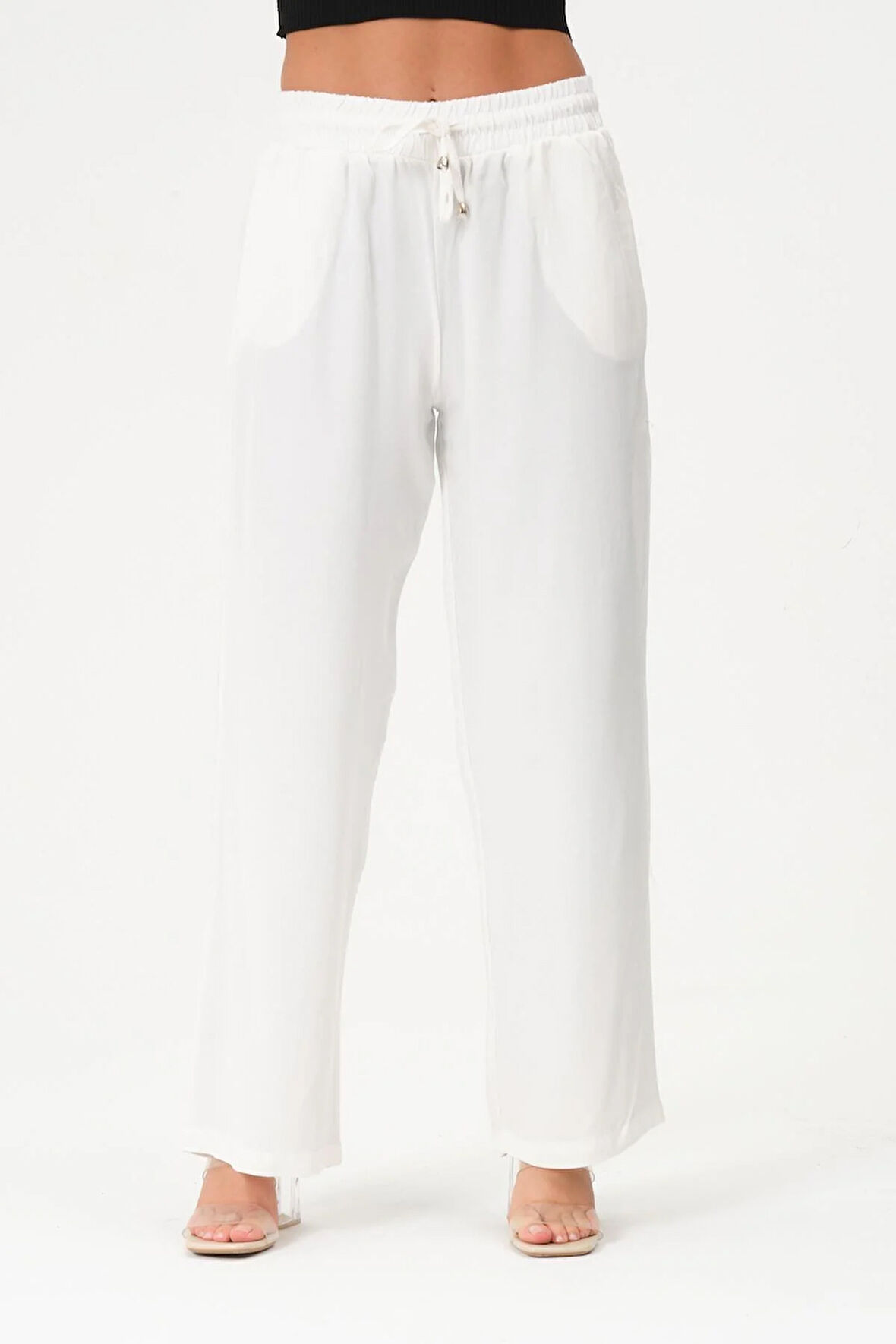 Kadın Siyah Keten Pantolon Beli Lastikli