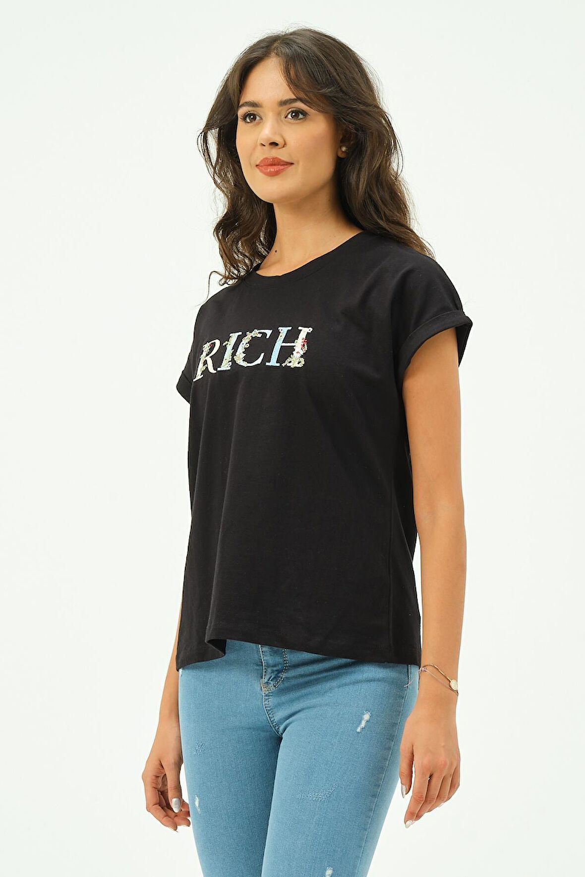 Siyah Kadın Rich Nakışlı Tişört tshirt