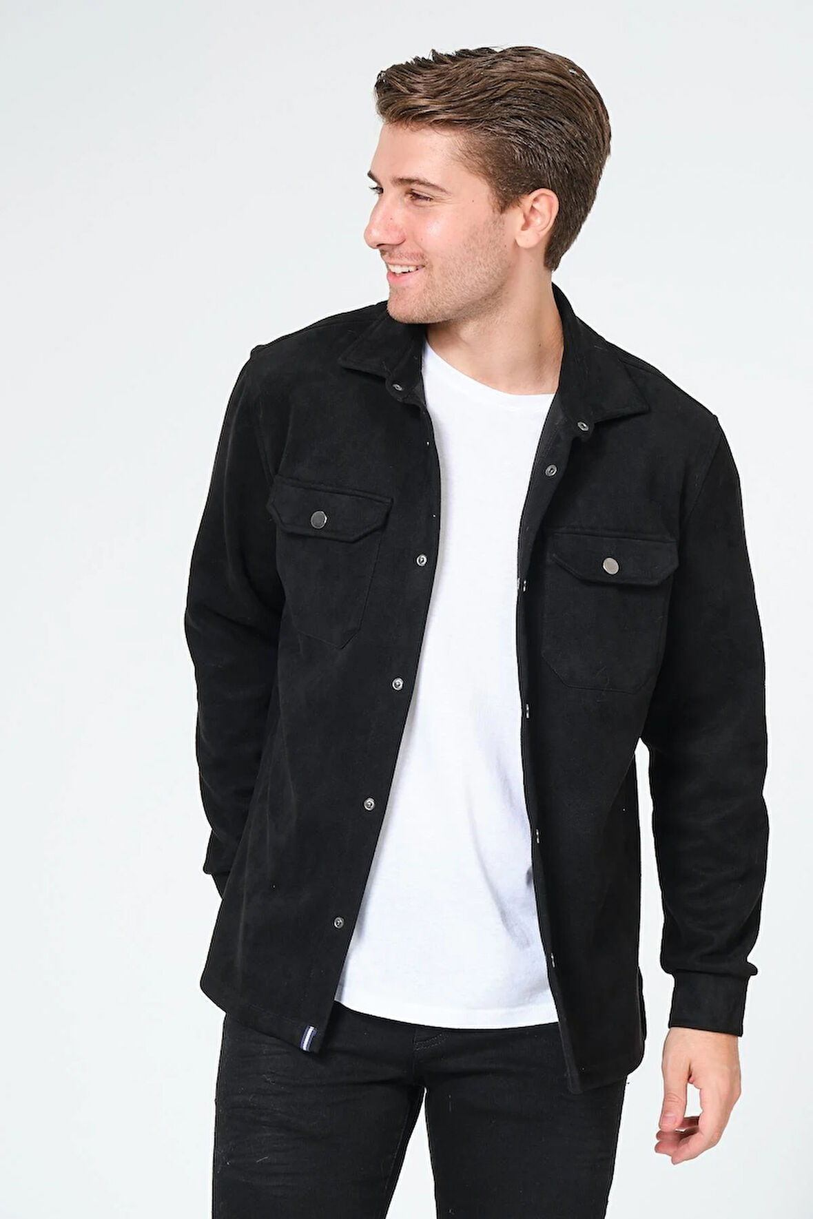 Siyah Erkek Süet Gömlek Tişört Üstü Kalın Gömlek