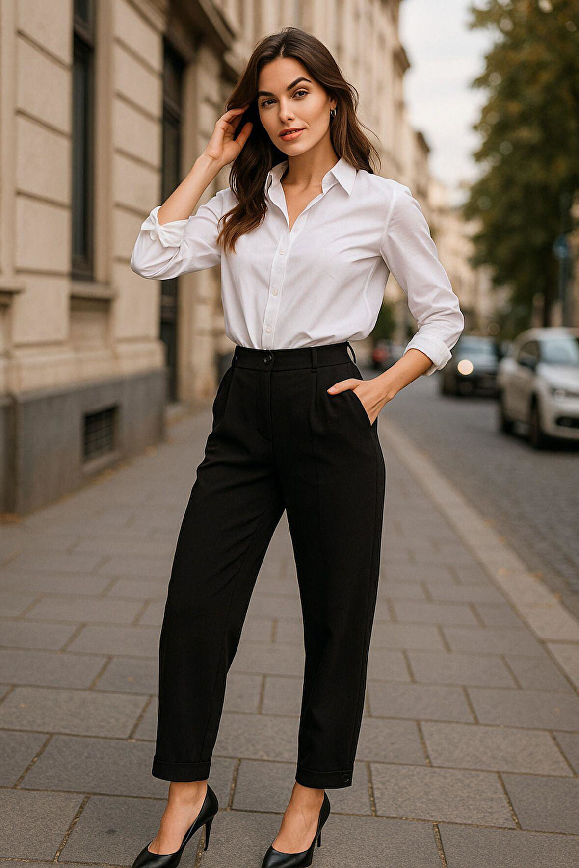 Kadın Siyah Yüksek Bel Düğmeli Paça Dokuma Pantolon