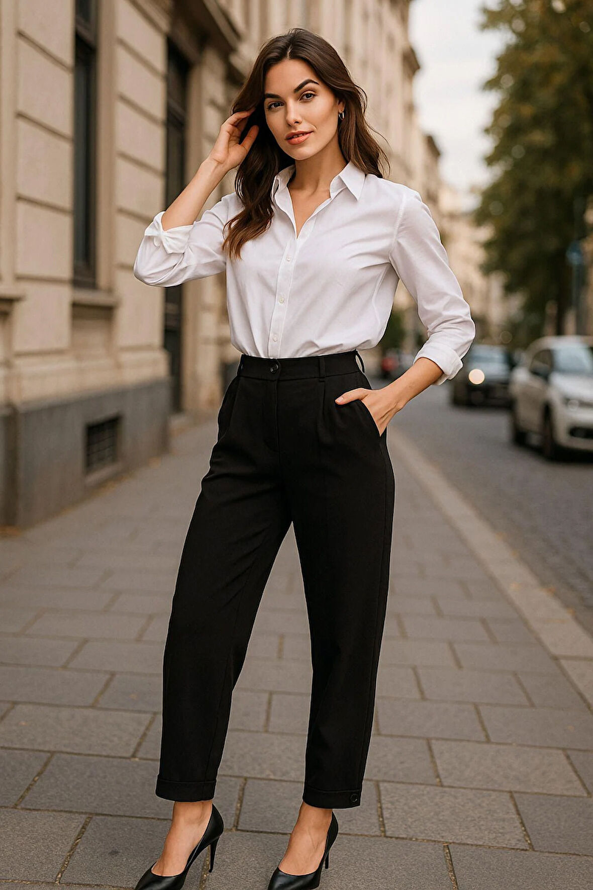 Kadın Siyah Yüksek Bel Düğmeli Paça Dokuma Pantolon