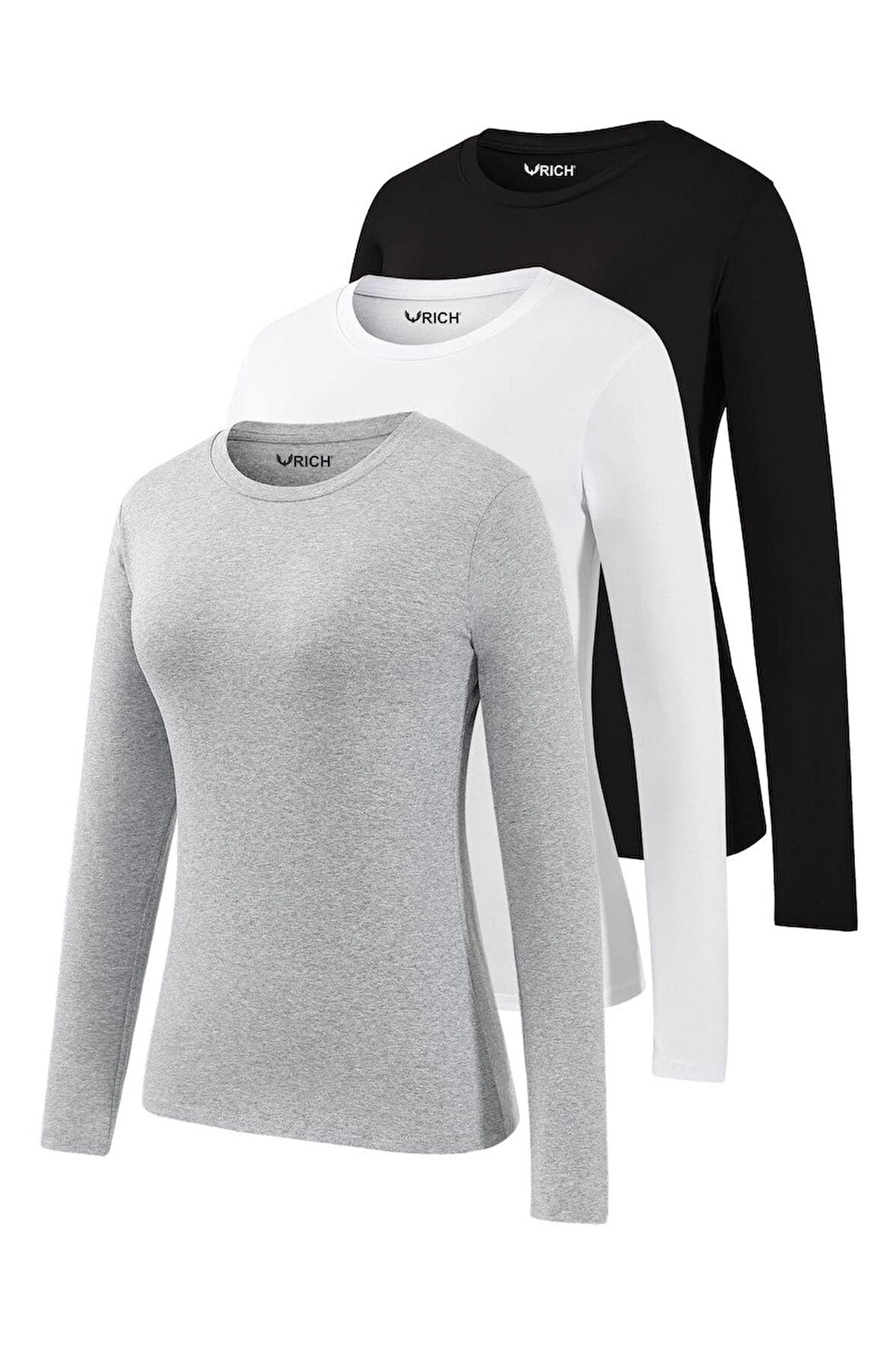 Kadın 3'lü Basic Uzun Kollu Tişört Sporcu Body T-shirt Ekonomik Paket