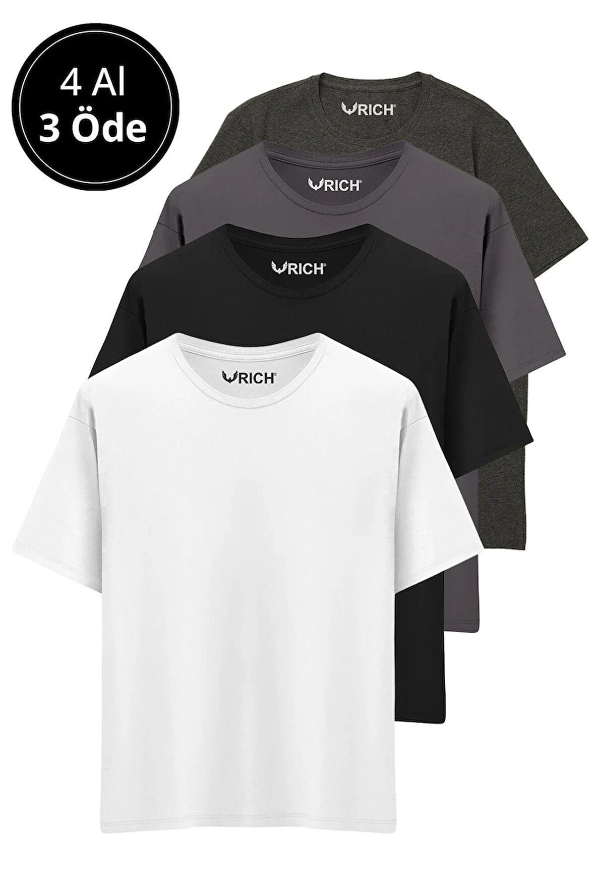 Erkek 4 Lü Paket %100 Pamuk Oversize Tişört Basic Bisiklet Yaka Kısa Kollu T-Shirt
