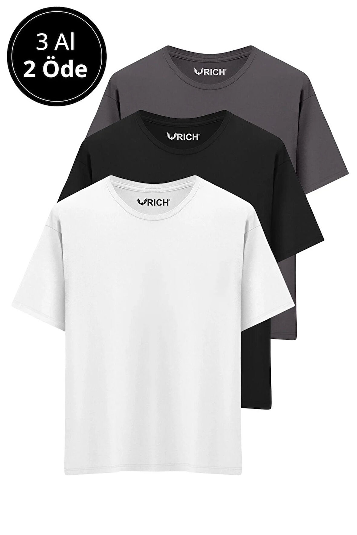 Erkek 3 Lü Paket %100 Pamuk Oversize Tişört Basic Bisiklet Yaka Kısa Kollu T-Shirt