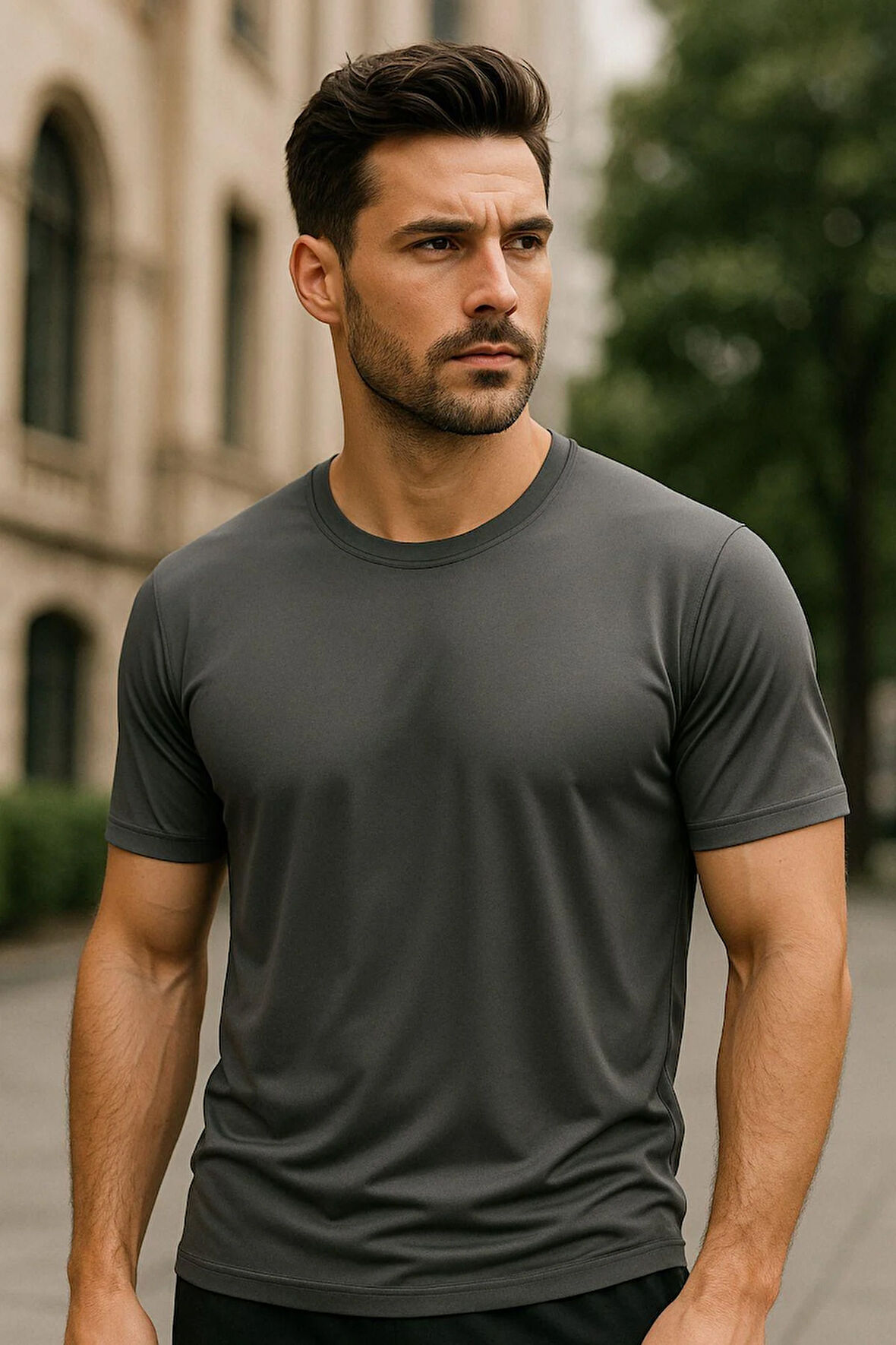 Erkek %100 Pamuk Slim Fit Sporcu Tişört Basic Bisiklet Yaka Kısa Kollu T-Shirt