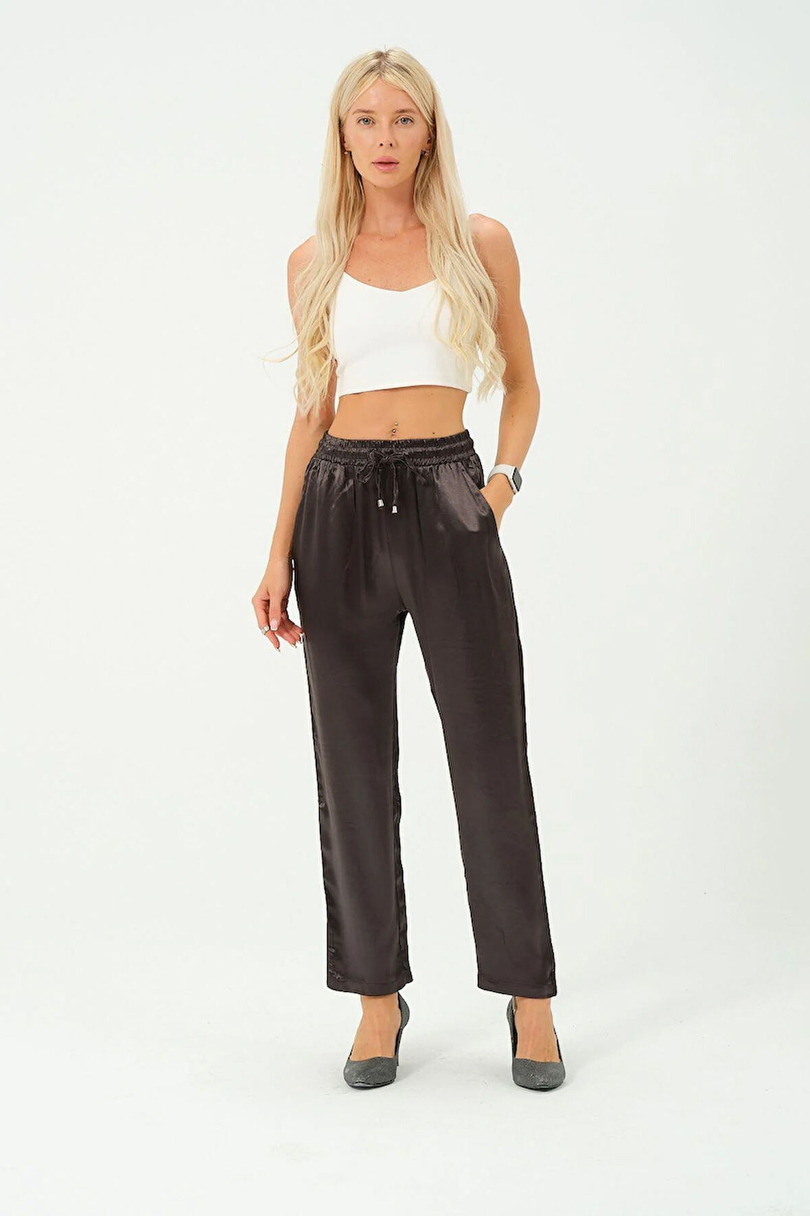 kadın yüksek bel parlak saten pantalon