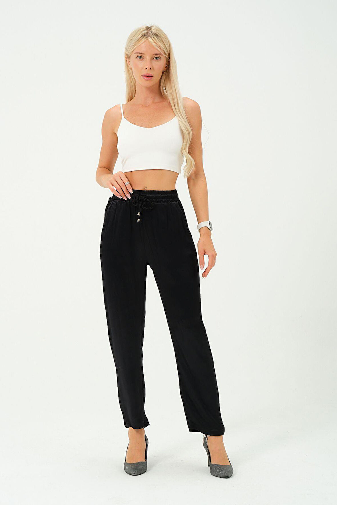 kadın yüksek bel parlak saten pantalon