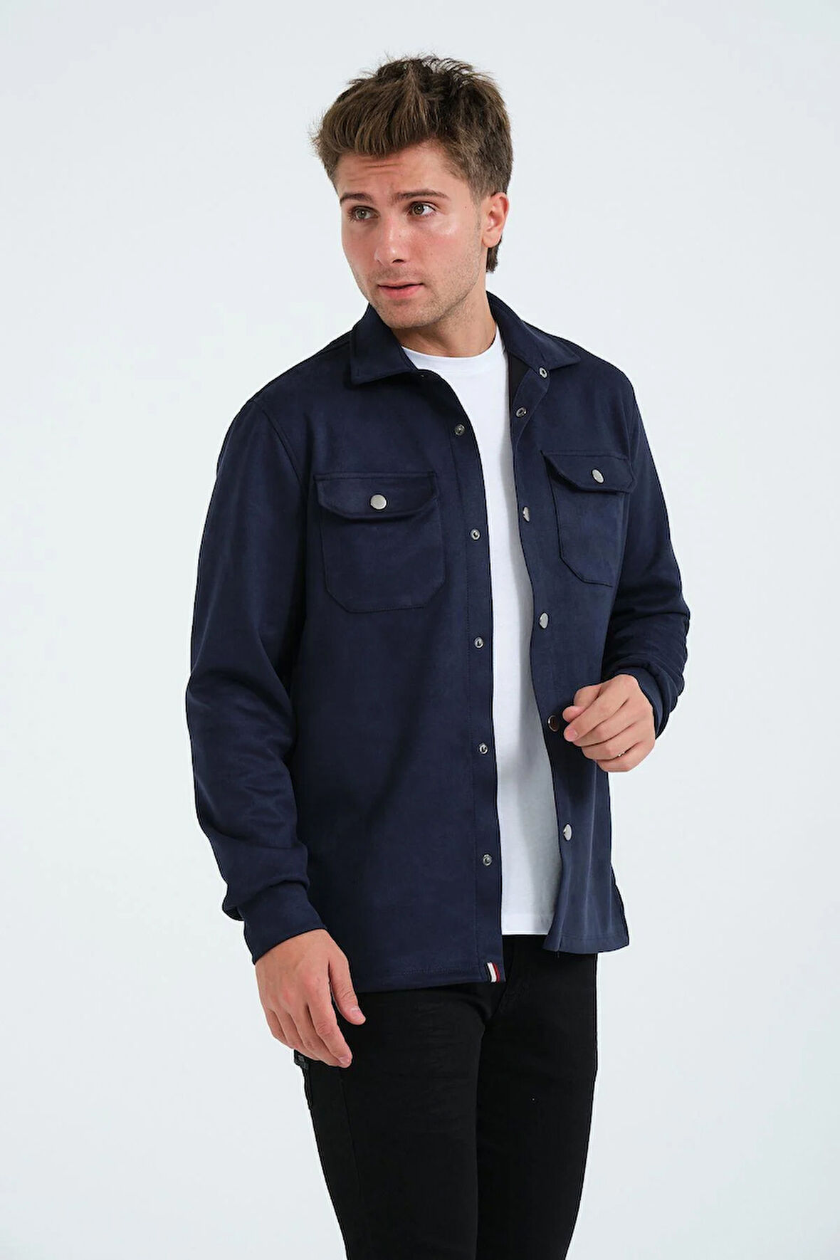 Lacivert Erkek Süet Gömlek Tişört Üstü Kalın Gömlek Mavi Ceket