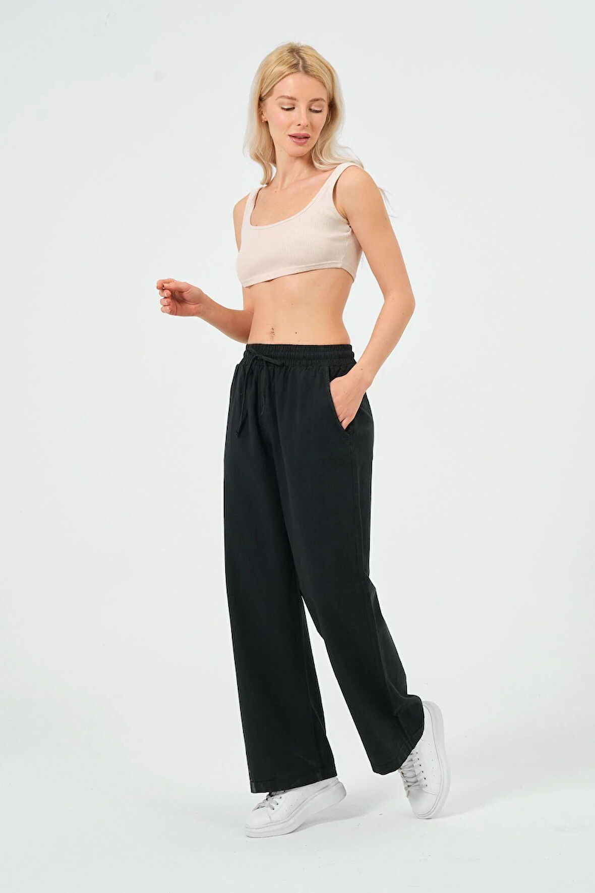 Kadın Keten Bol Paça Beli Lastikti Pantolon