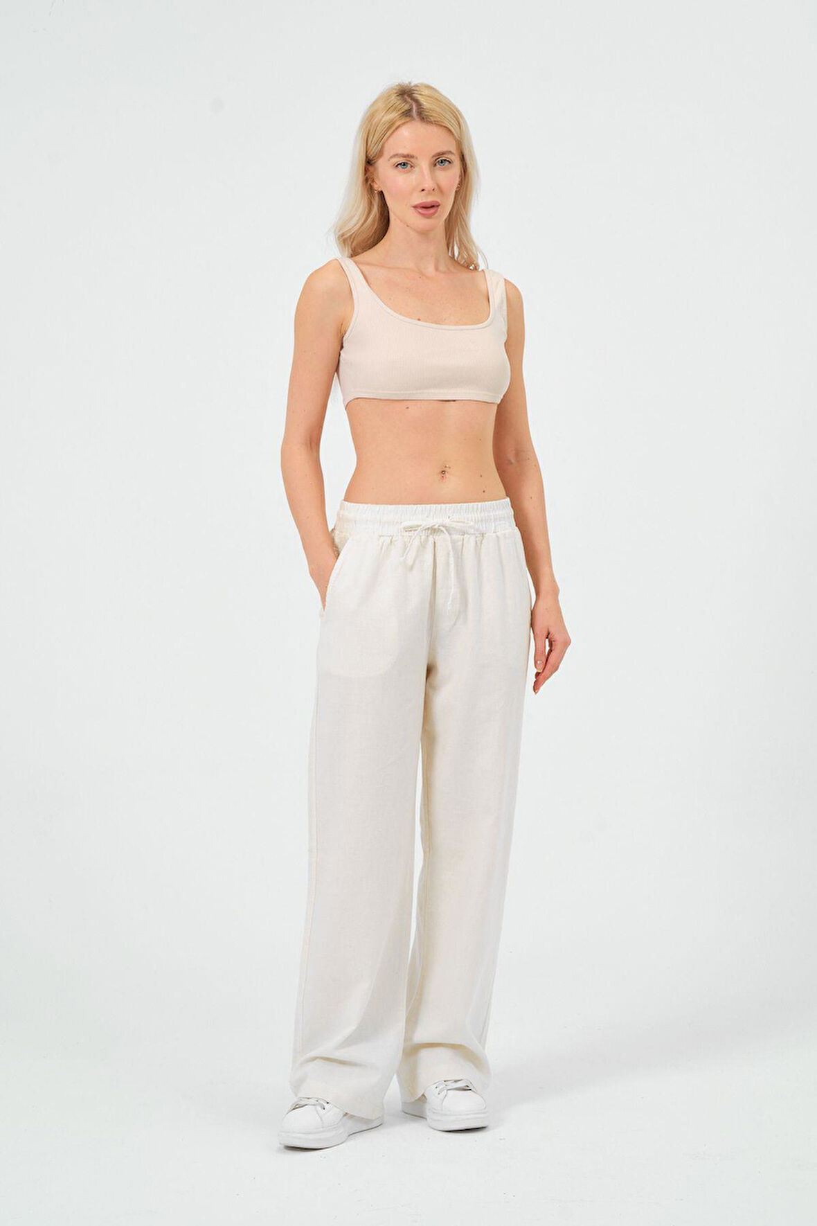 Kadın Keten Bol Paça Beli Lastikti Pantolon