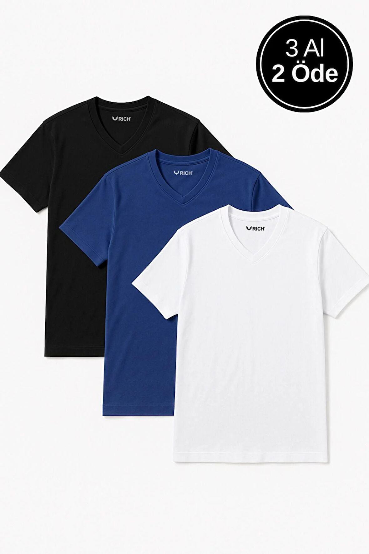 Erkek 3'lü Paket Kısa Kollu %100 Pamuk V Yaka T-shirt