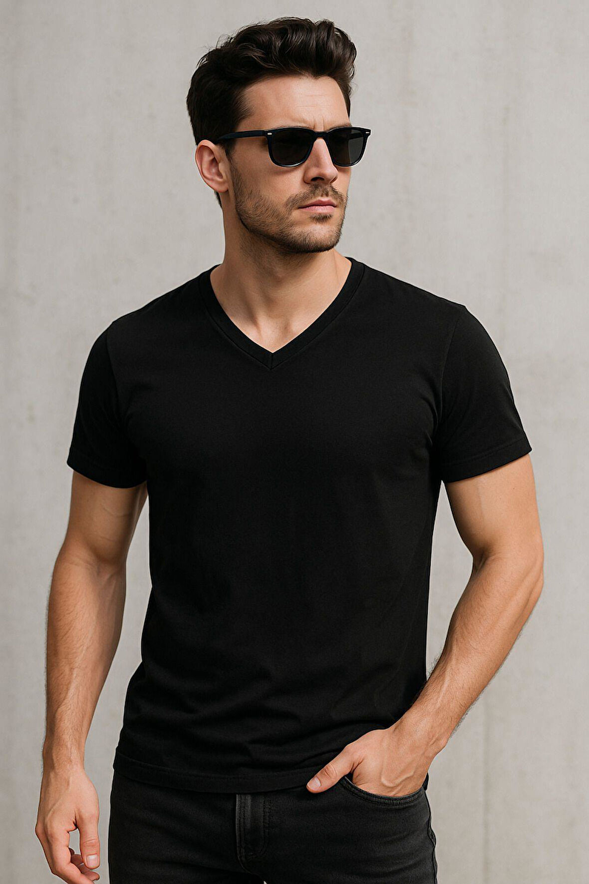 Erkek V Yaka %100 Pamuk Kısa Kollu Siyah T-shirt Tişört