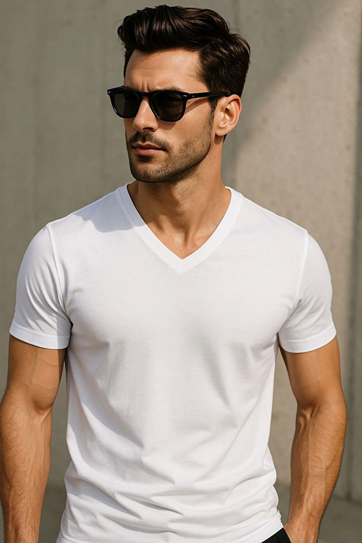 Erkek V Yaka %100 Pamuk Kısa Kollu Beyaz T-shirt