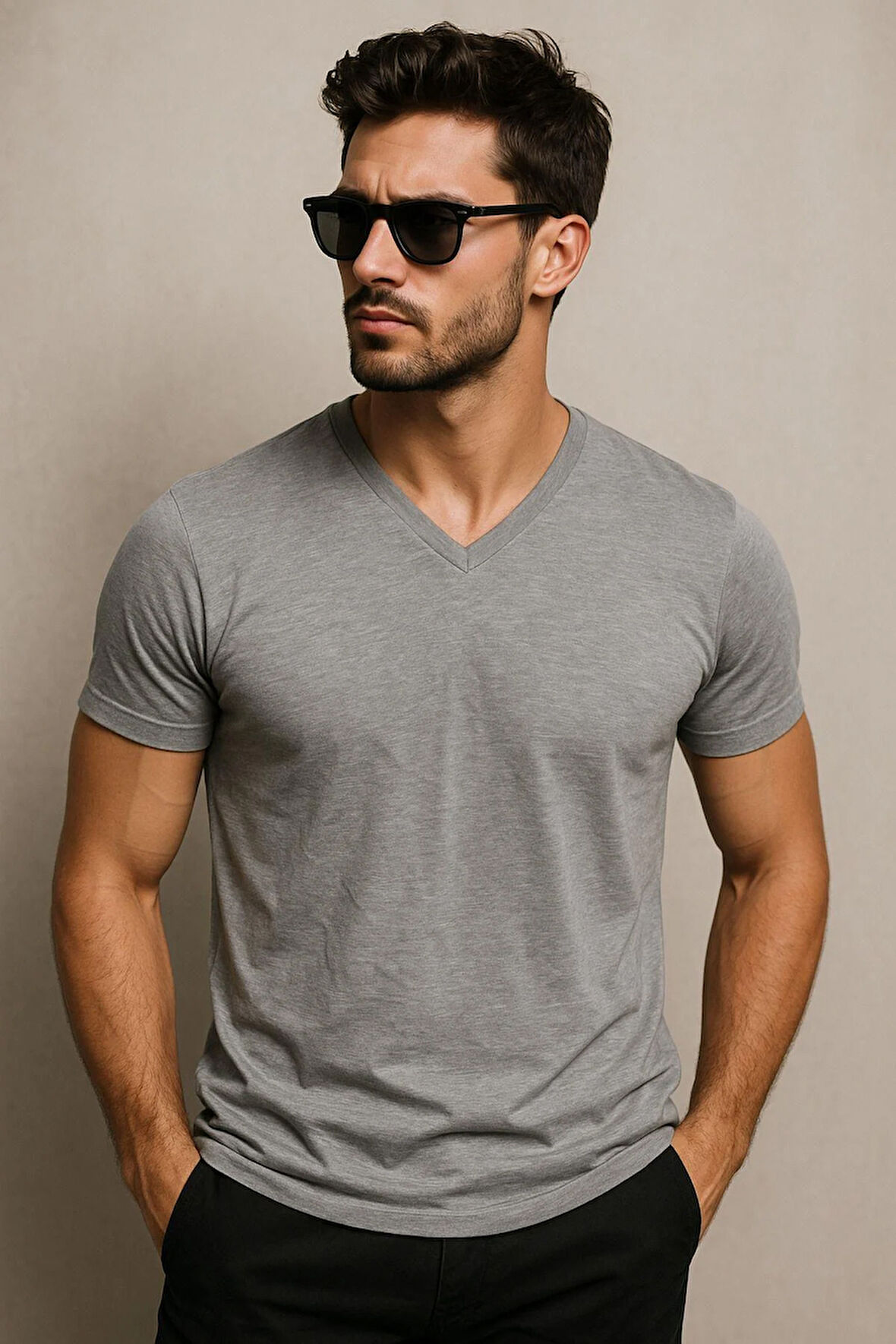 Erkek %100 Pamuk Kısa Kollu V Yaka Gri T-shirt