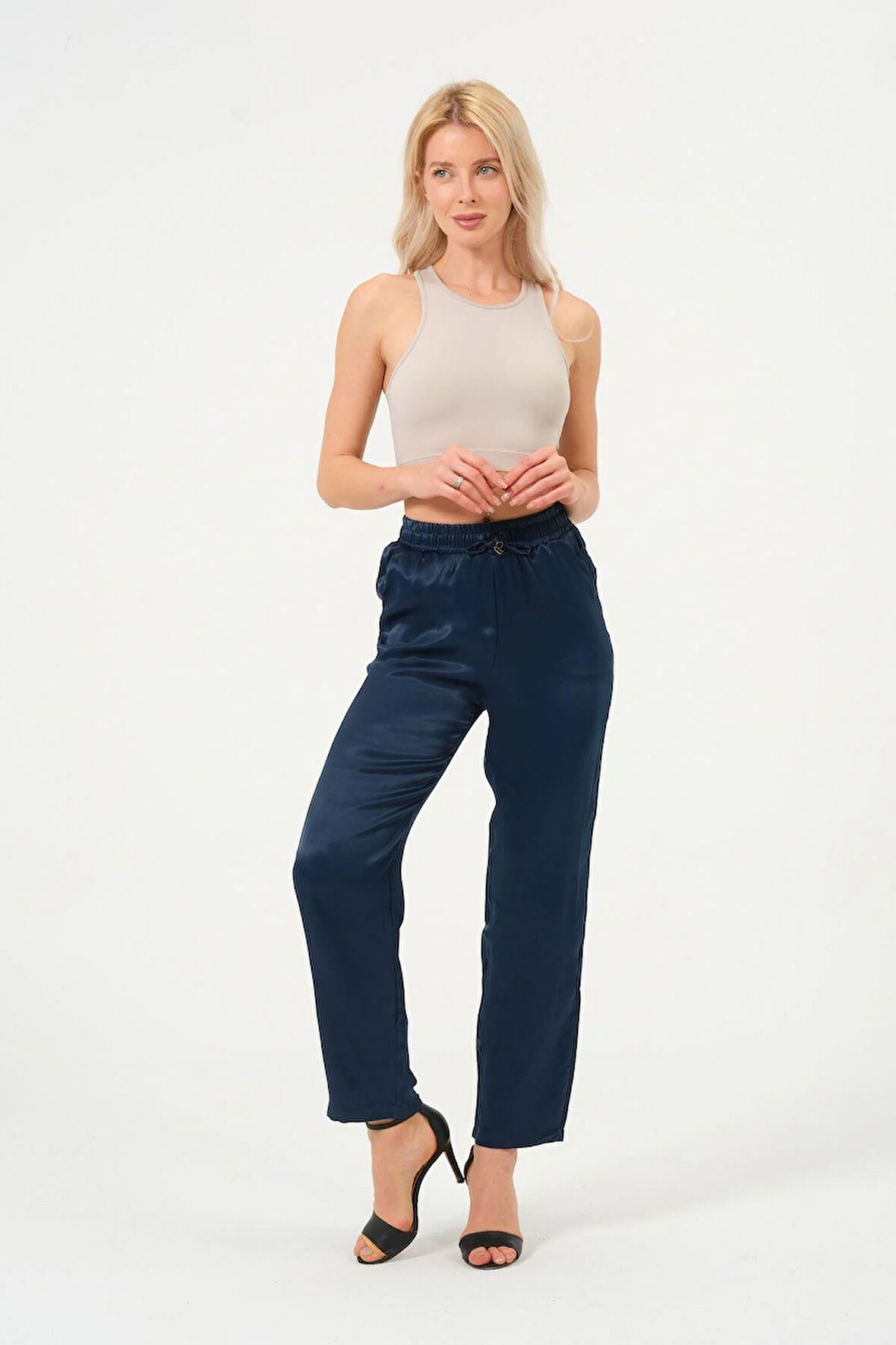 Kadın Yüksek Bel Parlak Saten Pantalon