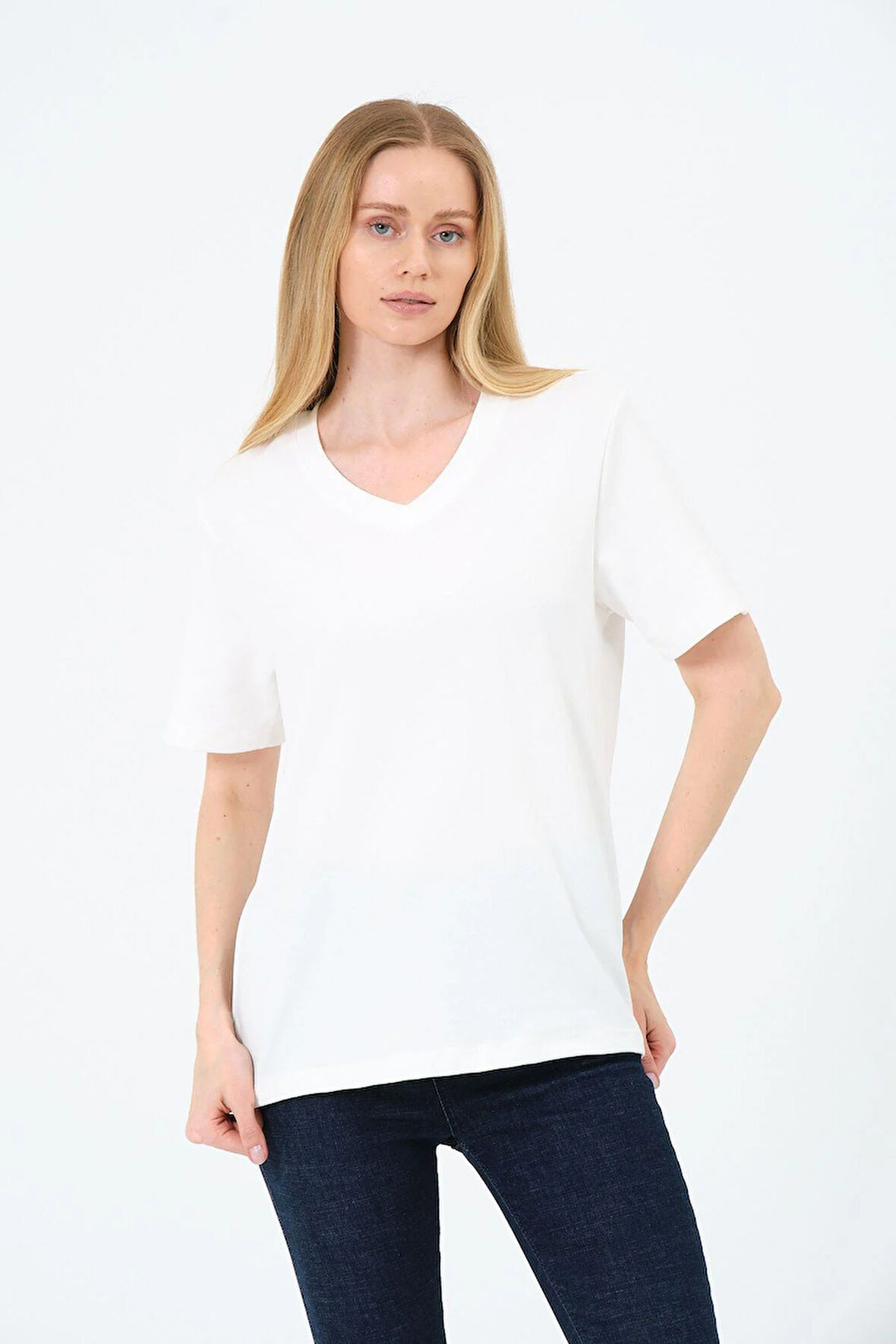 Kadın V yaka Kısa Tişort -İnterlok Kumaş