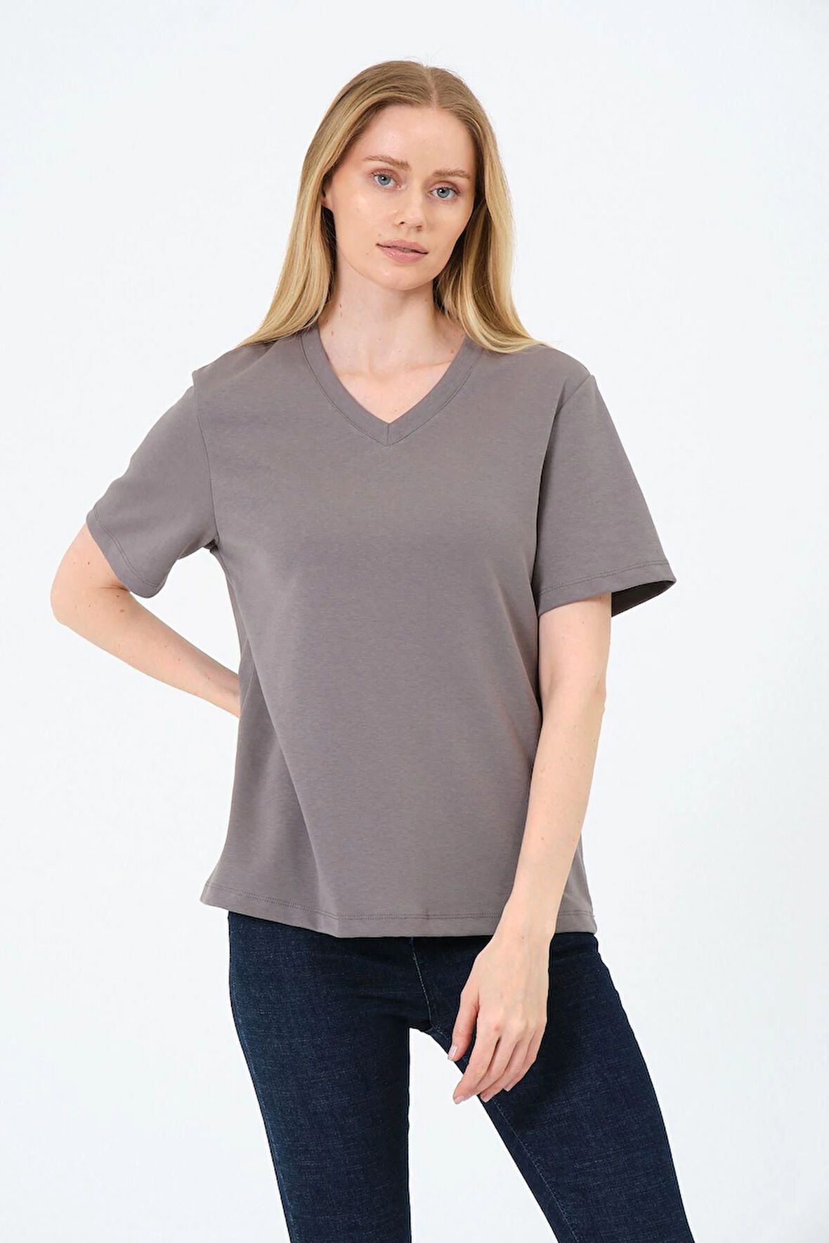 Kadın V yaka Kısa Tişort -İnterlok Kumaş