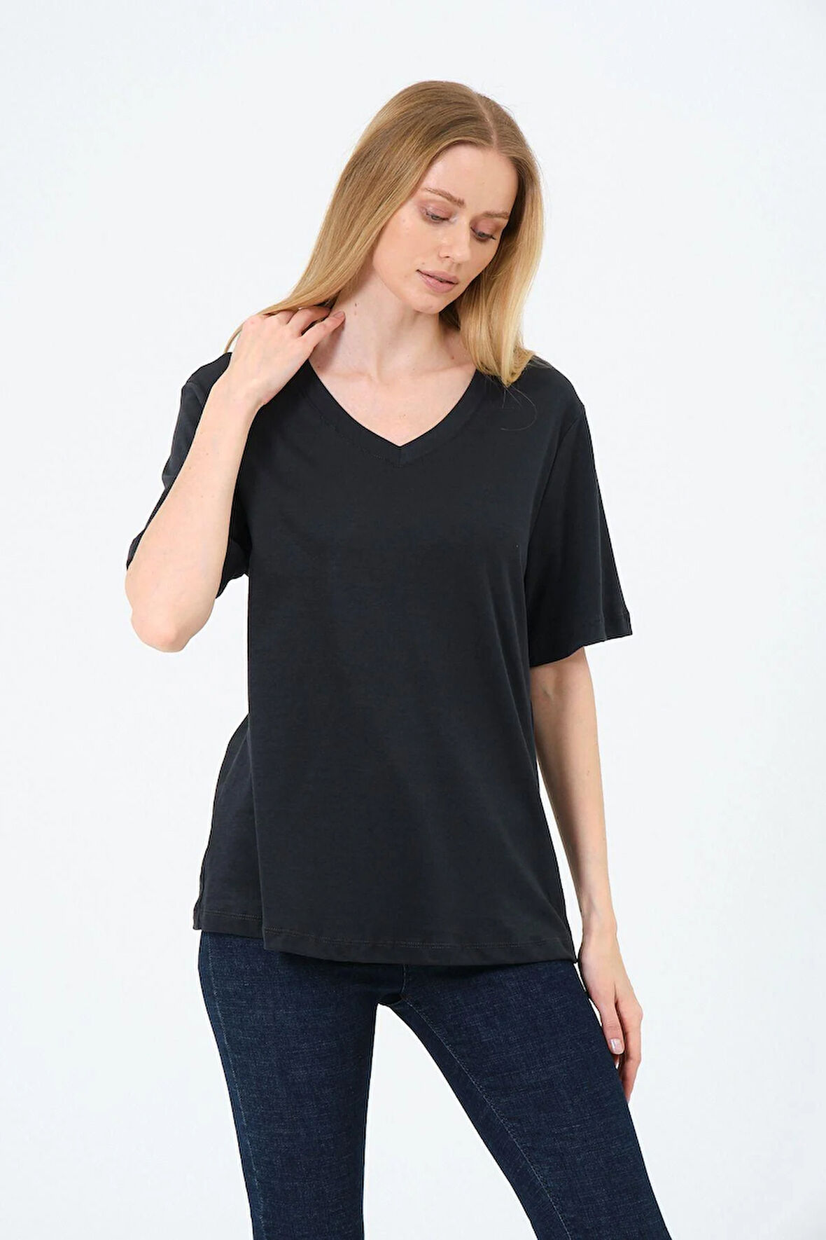 Kadın V yaka Kısa Tişort -İnterlok Kumaş