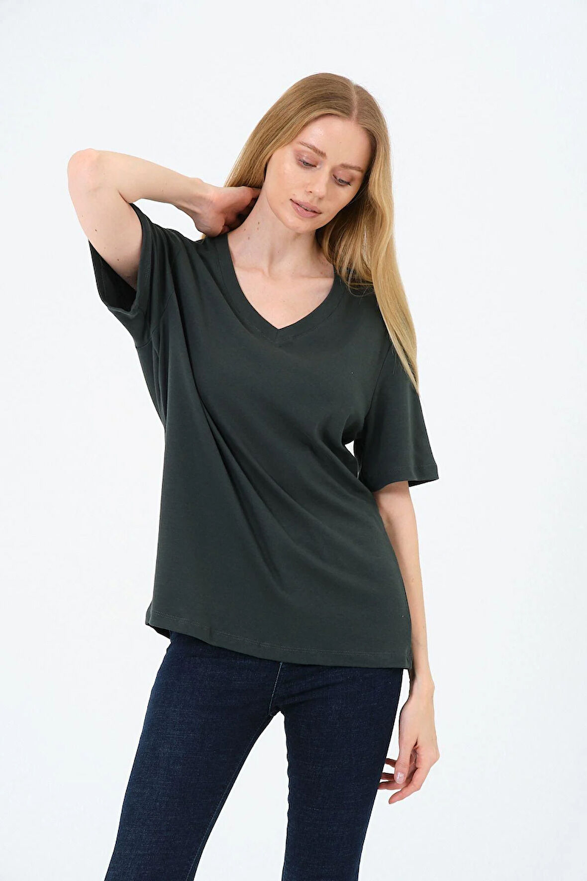 Kadın V yaka Kısa Tişort -İnterlok Kumaş