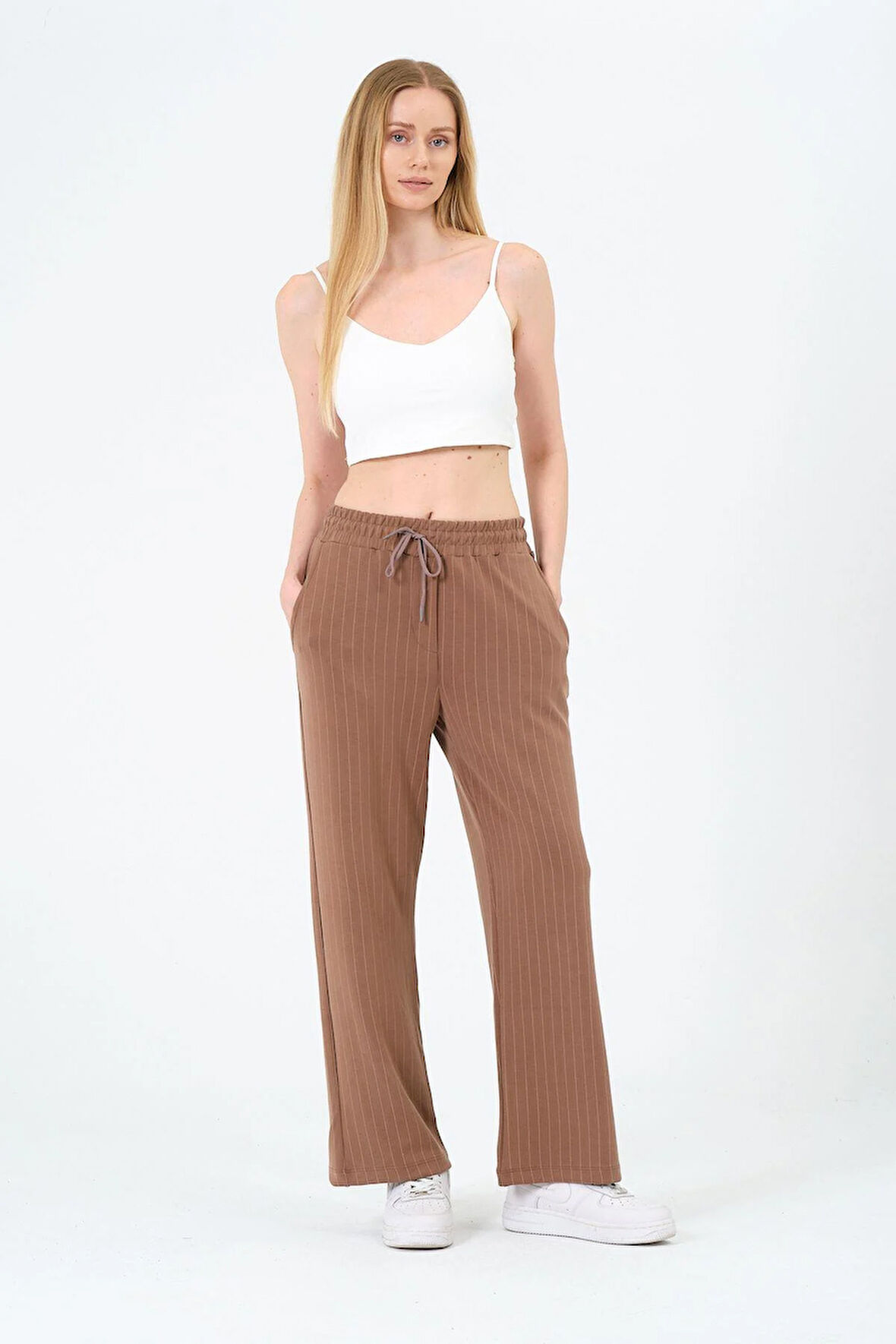 Kadın Yüksek Bel Çizgili Palazzo Pantalon