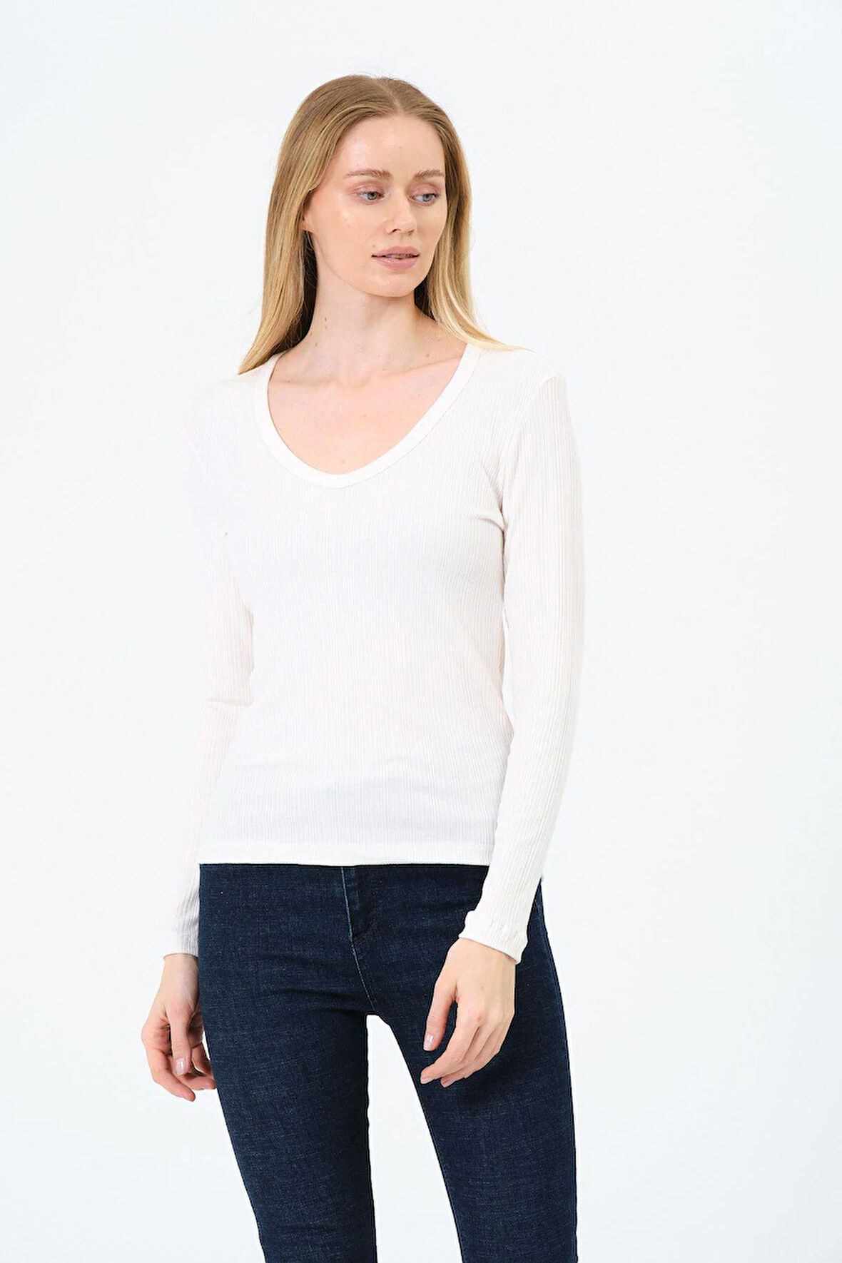 Kadın V Yaka Uzun Kollu Kaşkorse Bluz