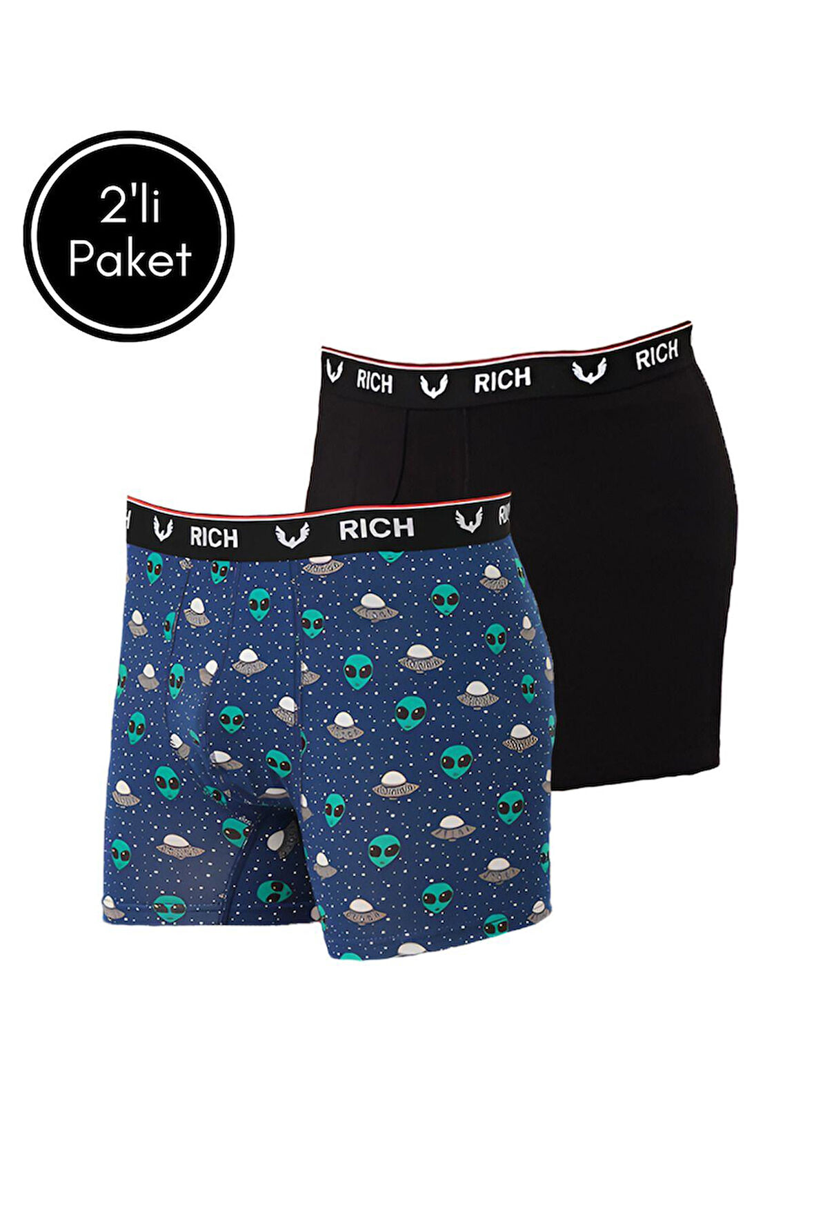 Erkek Likralı Desenli ve Düz 2'li Boxer Paketi